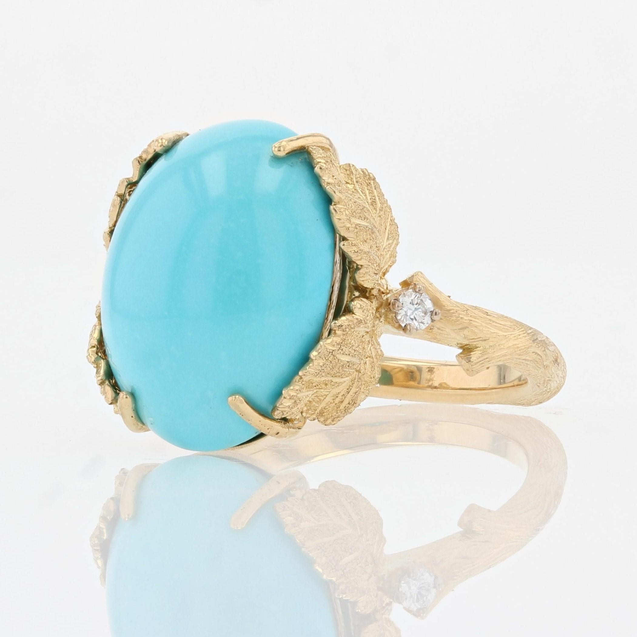 Cabochon Modern 9.80 Carat Turquoise Diamonds 18 Karat Yellow Gold Leafy Setting Ring  For Sale