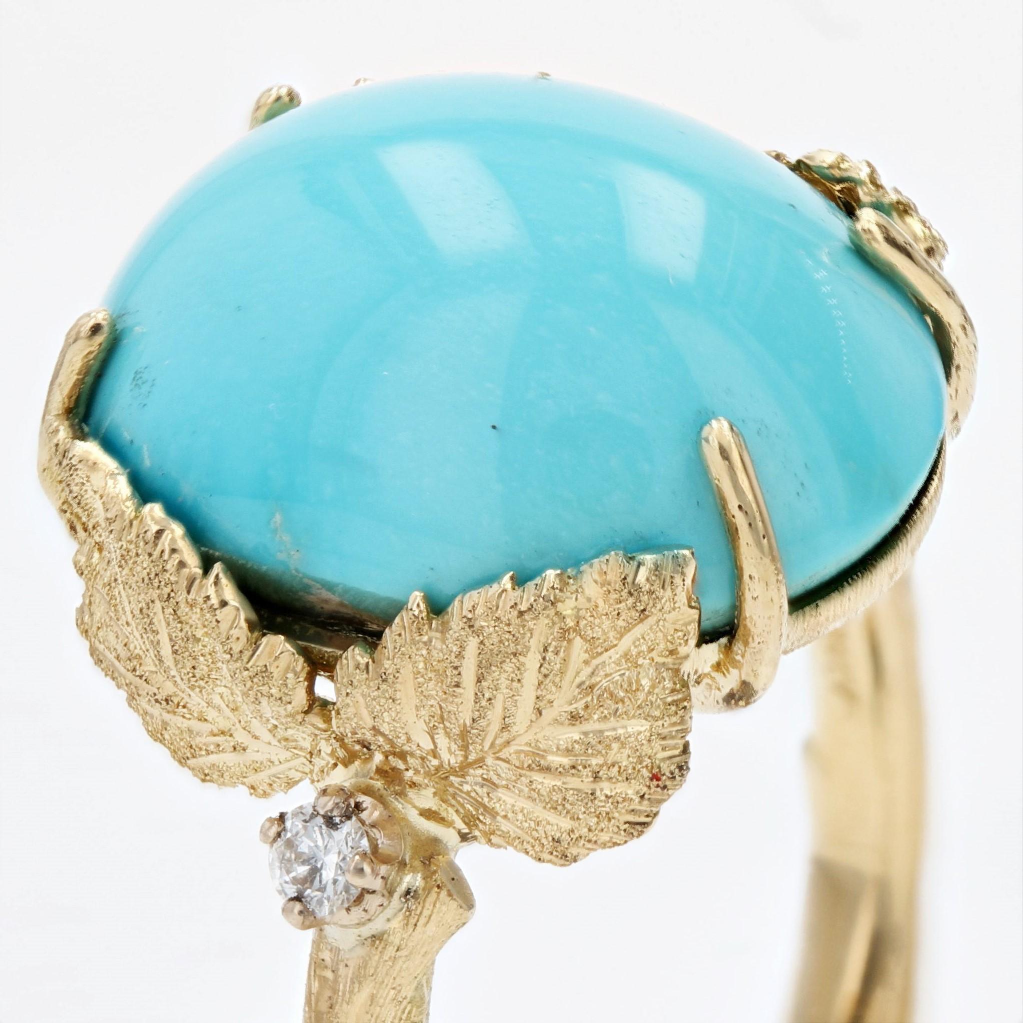 Modern 9.80 Carat Turquoise Diamonds 18 Karat Yellow Gold Leafy Setting Ring  In New Condition For Sale In Poitiers, FR