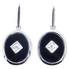 Modern 9K White Gold Onyx & Diamond Rim Set Short Drop Earrings