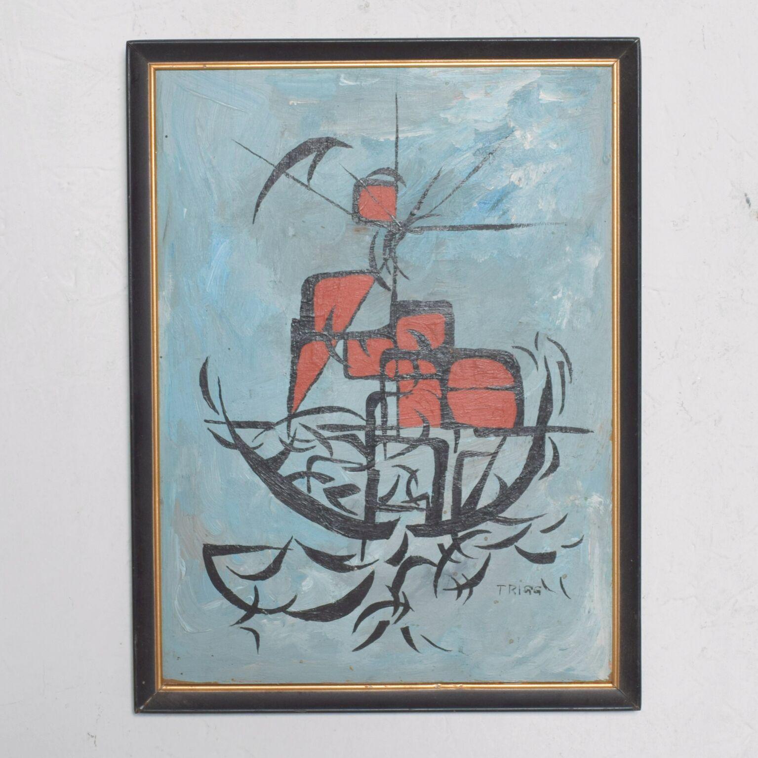 Mid Century Abstract Art Oil Painting Boat -1960s 
Dimensions: 9.25