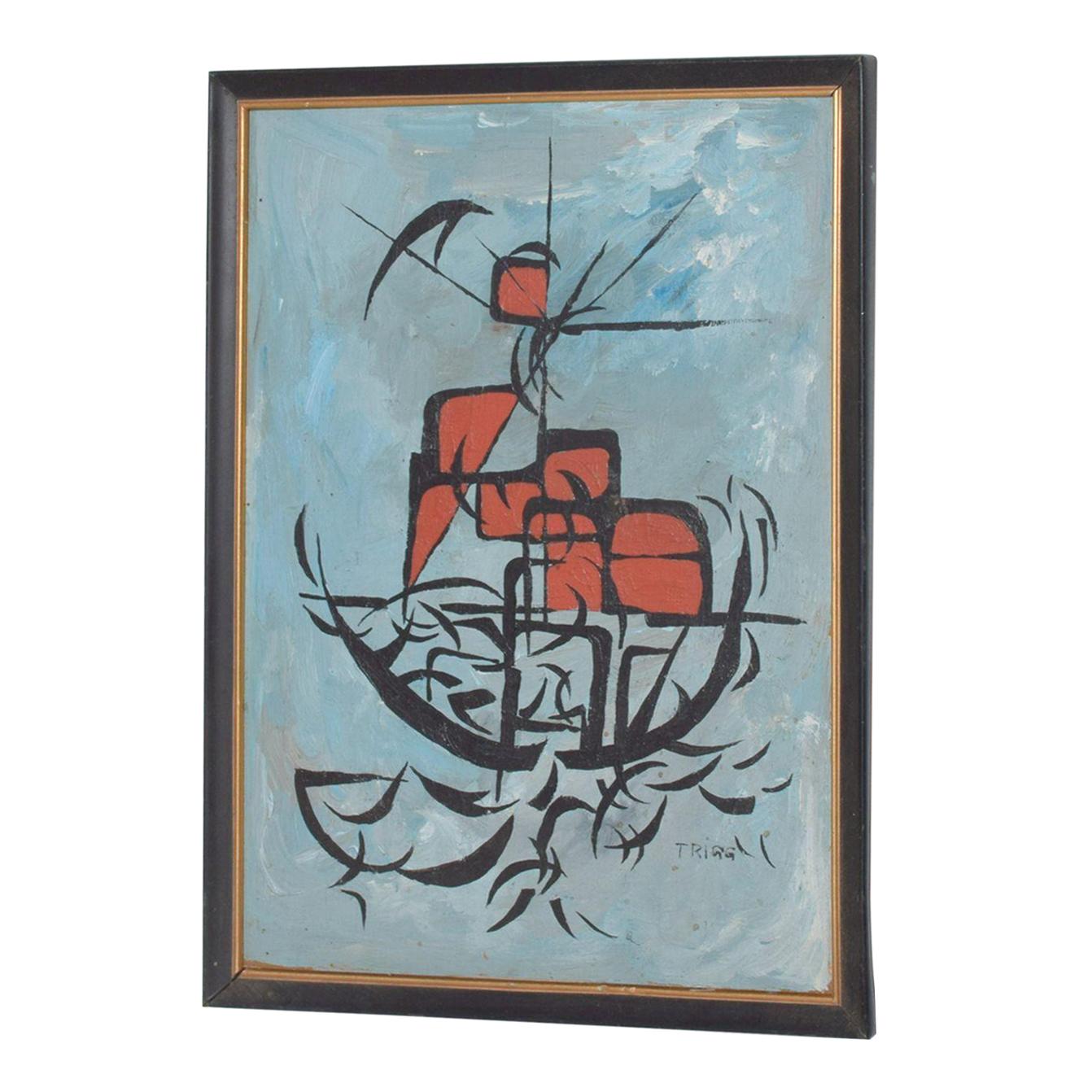 1965 Abstract Art Midcentury Modernist Boat Oil Painting