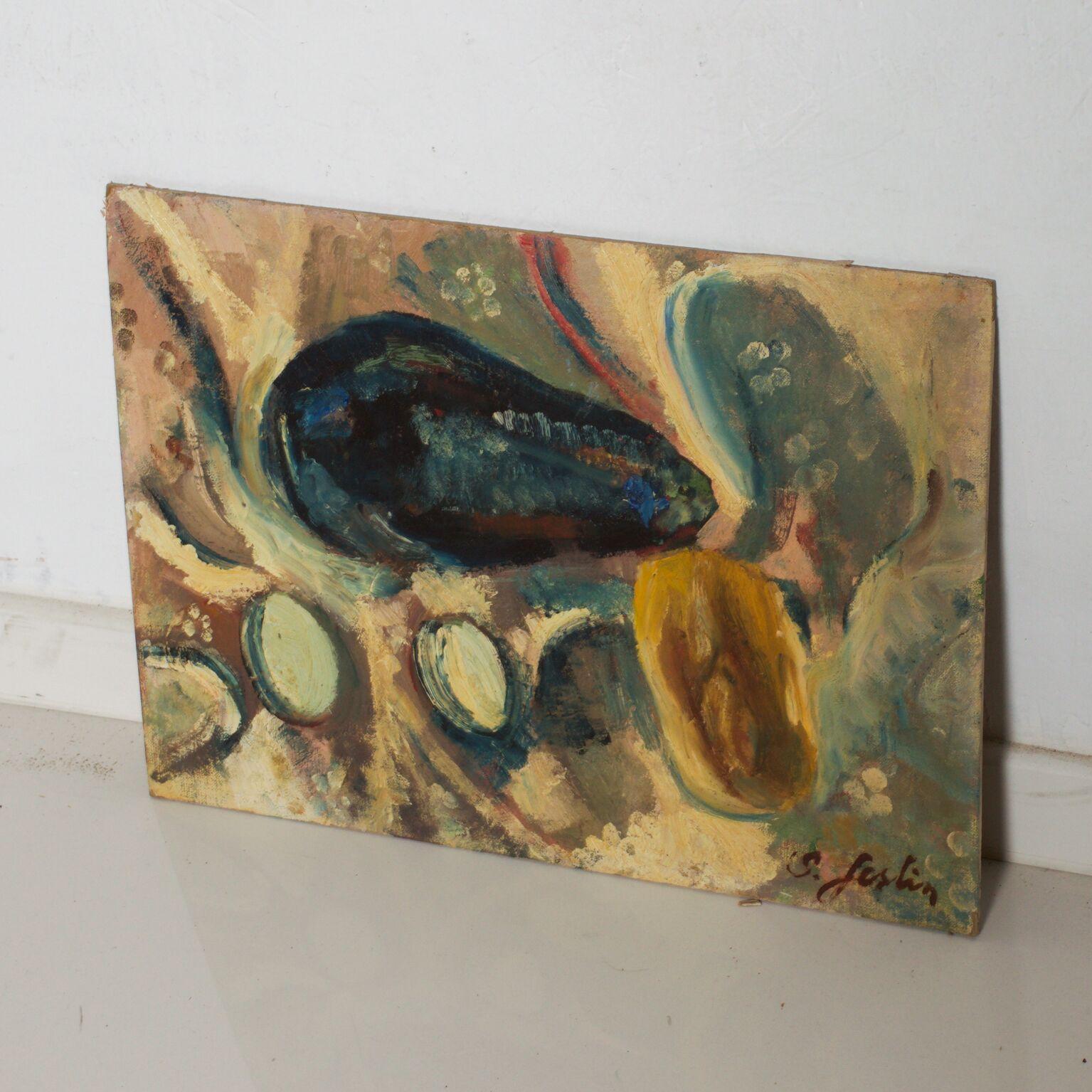 Moderne abstrakte Kunst Öl auf Leinwand / Board Malerei von Stillleben Gemüse. 
Das Kunstwerk ist mit S. Justine signiert - schwer zu lesen. 
Abmessungen: 12 