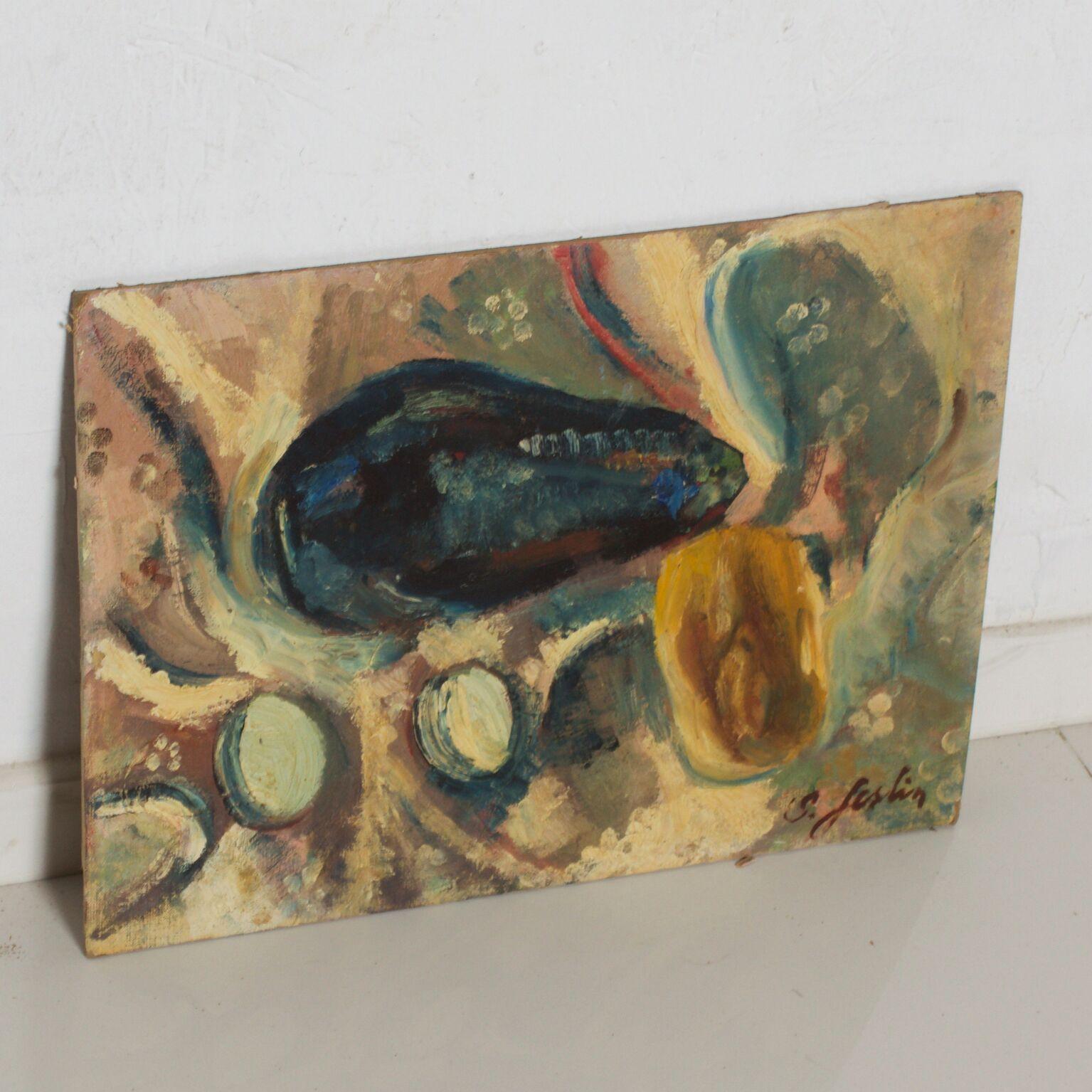 1960er Jahre Abstrakte Kunst Öl Leinwand Stillleben Gemüse Gemälde signiert (Moderne der Mitte des Jahrhunderts)