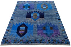 Tapis abstrait moderne en laine bleue de style baloutche - Design géométrique tribal 6x8