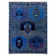Tapis abstrait moderne en laine bleue de style baloutche - Design géométrique tribal 6x8