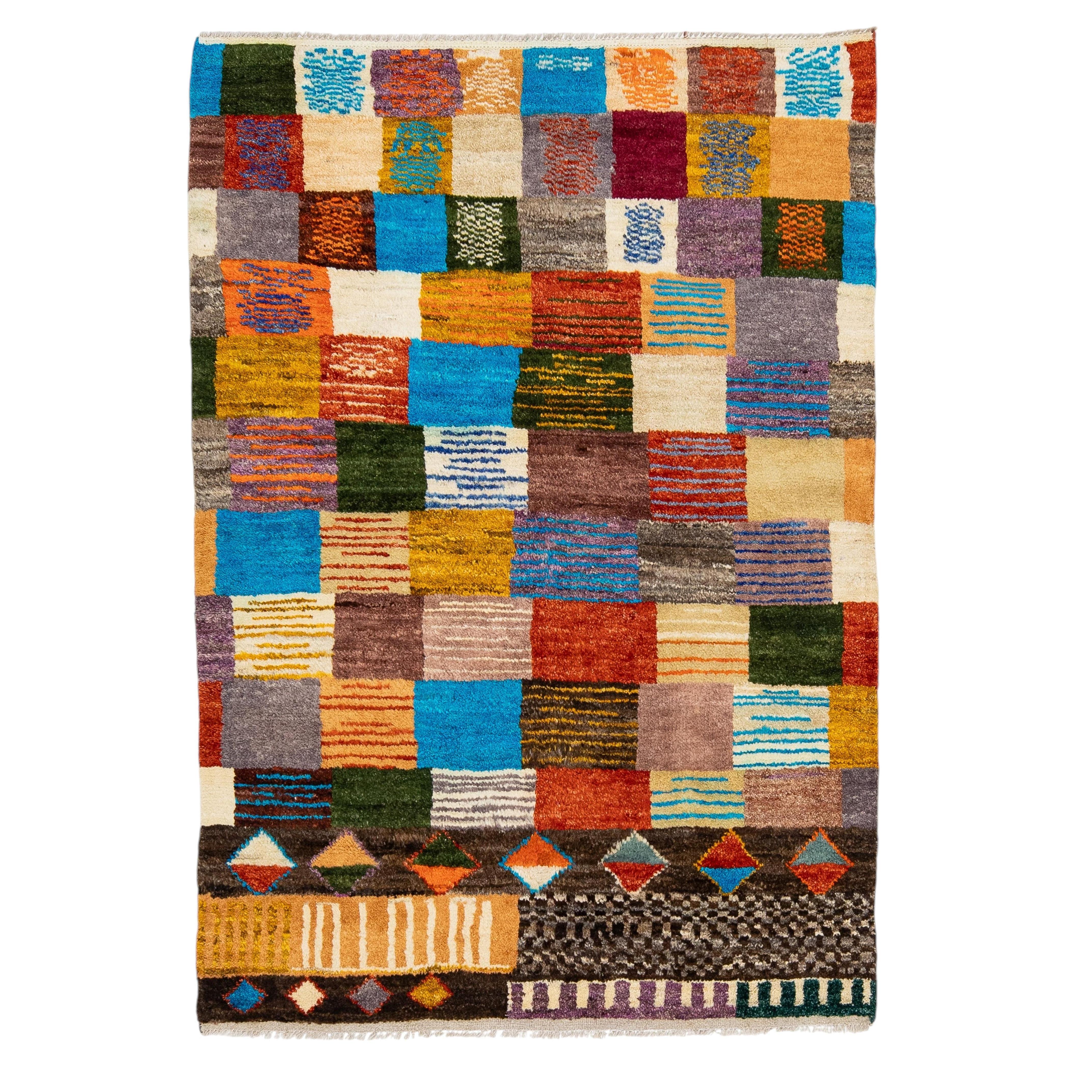 Modern Abstract Baluch Style Wool Rug - Vibrantly Colored Patchwork Checkerboard For Sale
