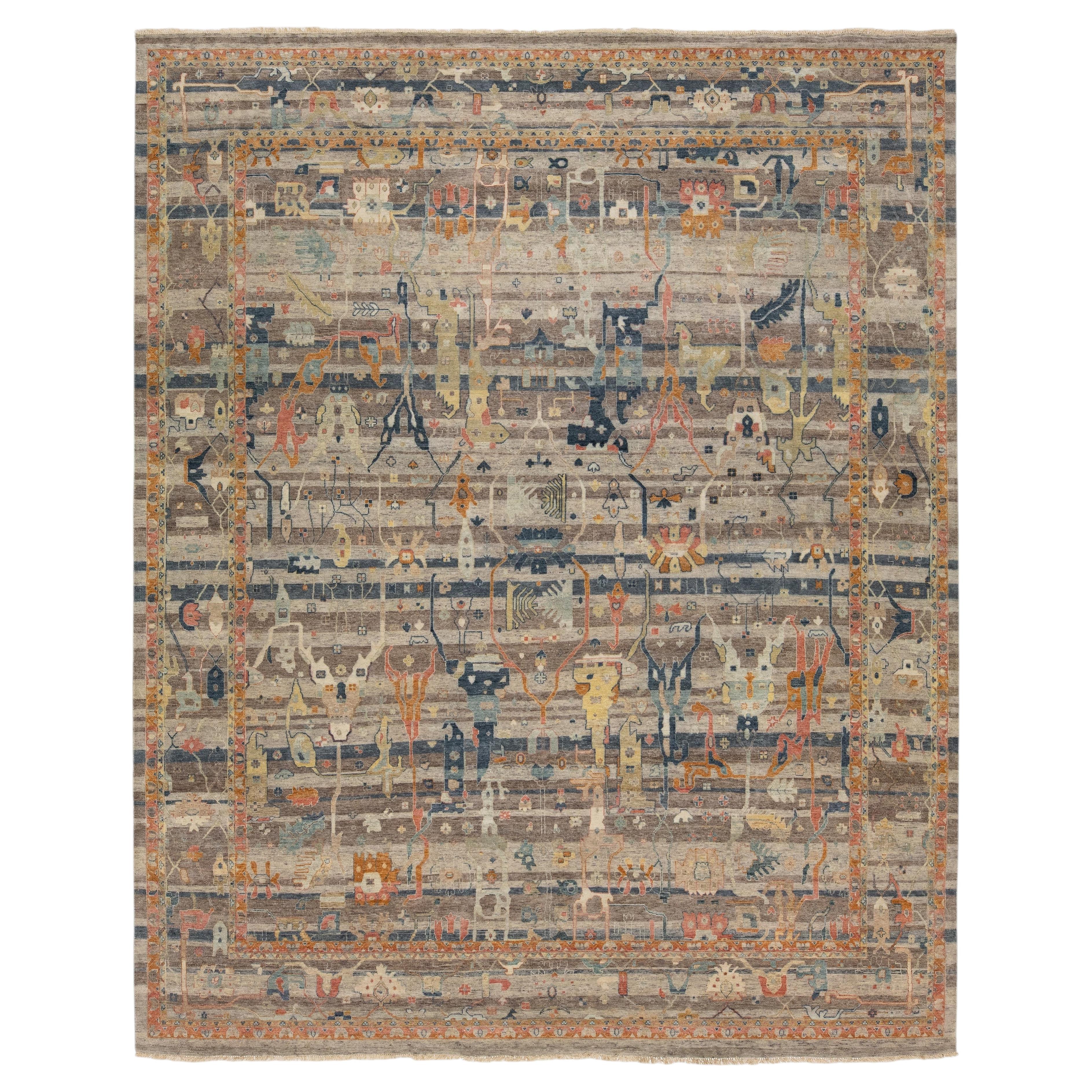 Modern Abstract Bidjar Style Indian Wool Rug – Hand-Knotted Multi-Color 12x15
