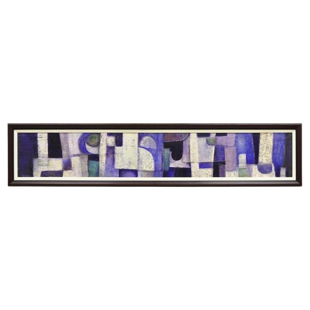 Pittura moderna astratta blu e viola su tela di grandi dimensioni firmata Pentkoff
