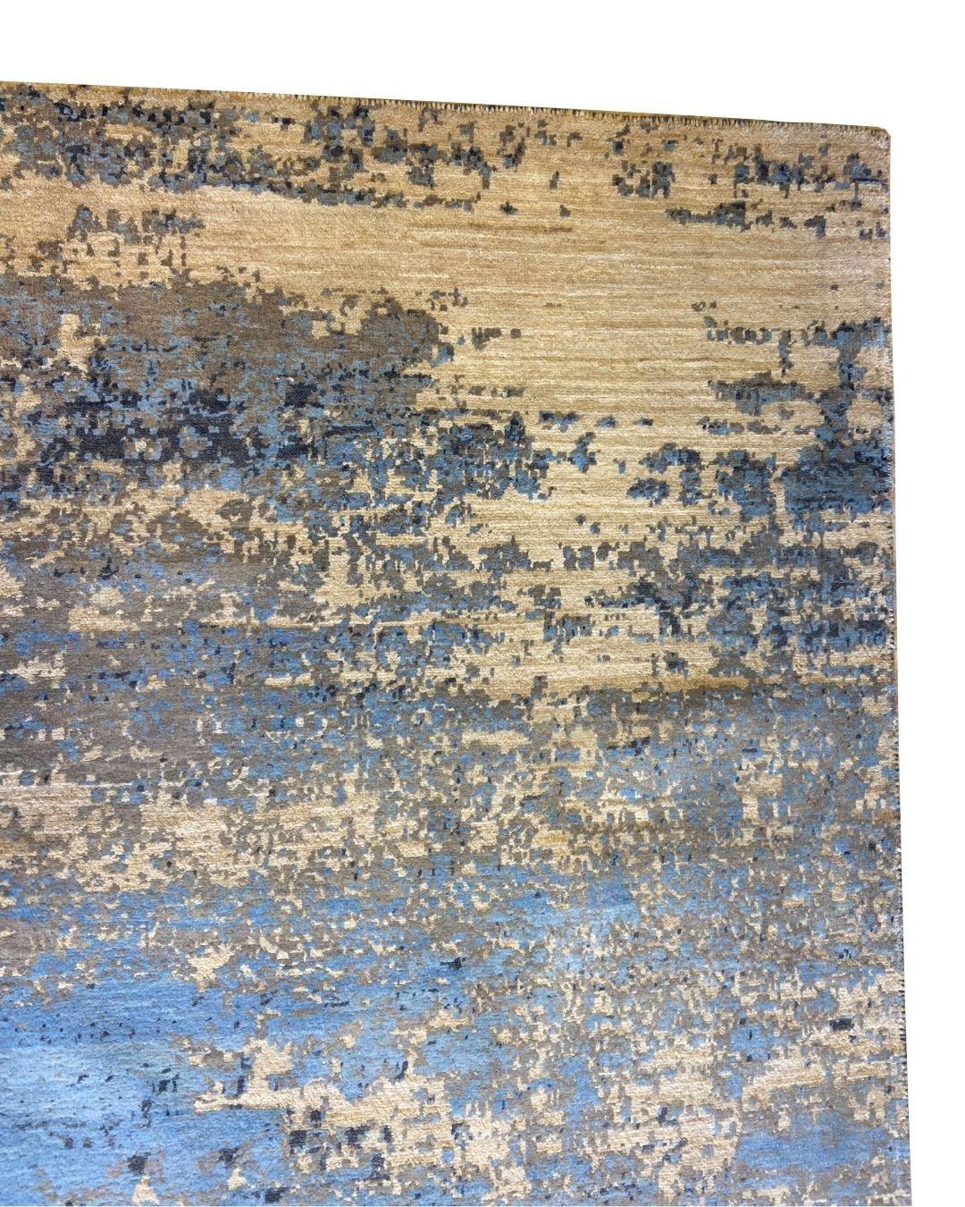 Modern Abstract Blue, Cream, and Gray Hand-Knotted Wool Rug, 5' x 7' im Zustand „Neu“ im Angebot in New York, NY