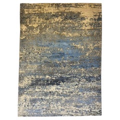 Modern Abstract Blue, Cream, and Gray Hand-Knotted Wool Rug, 5
 x 7
