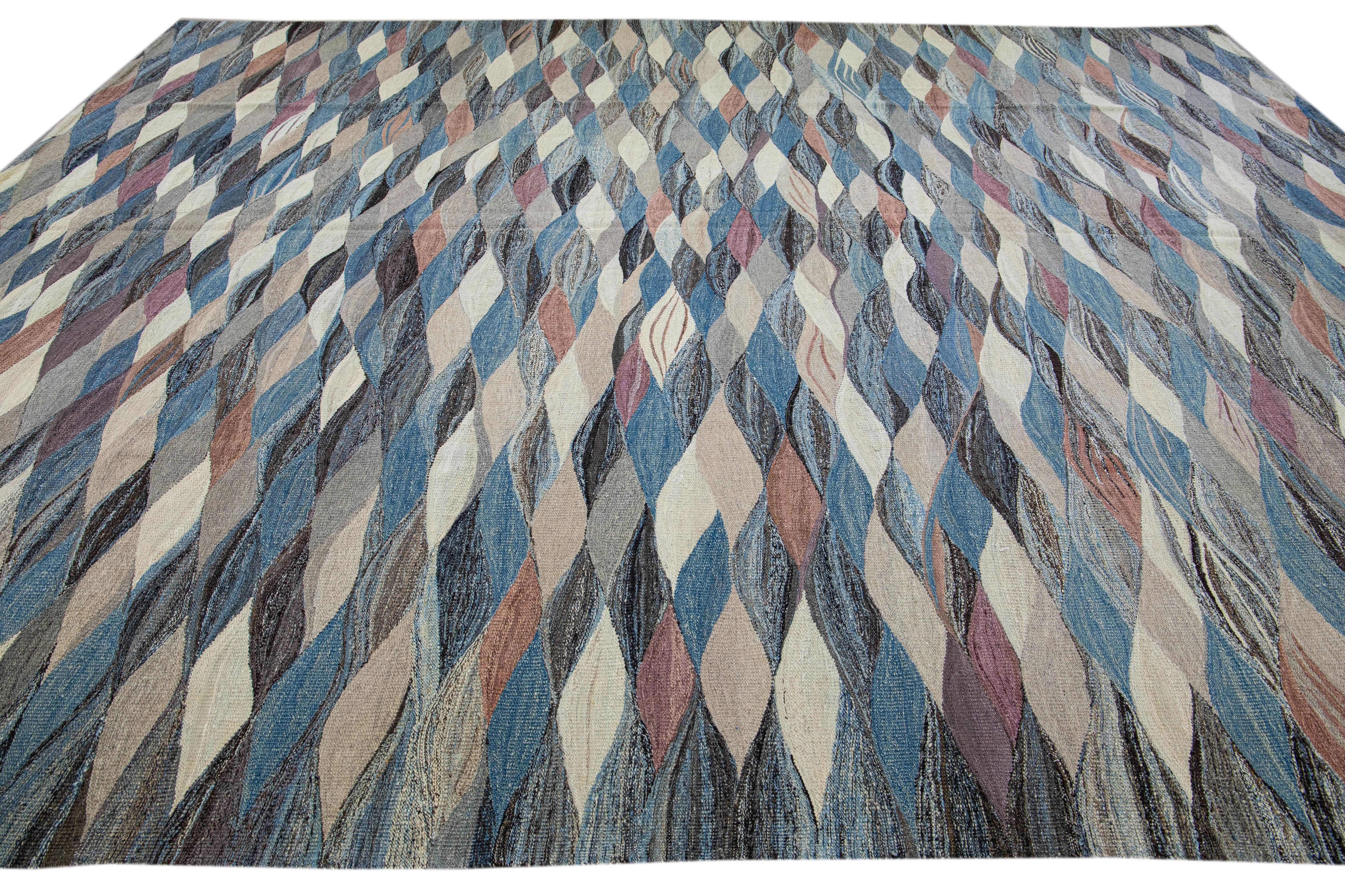 Hand-Knotted Modern Abstract Blue Flat-Weave Oversize Wool Rug For Sale
