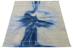 Tapis abstrait moderne "Blue Splash" en laine et viscose, touffeté à la main - gris et marine