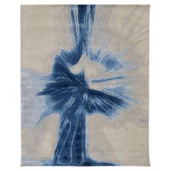 Tapis abstrait moderne "Blue Splash" en laine et viscose, touffeté à la main - gris et marine