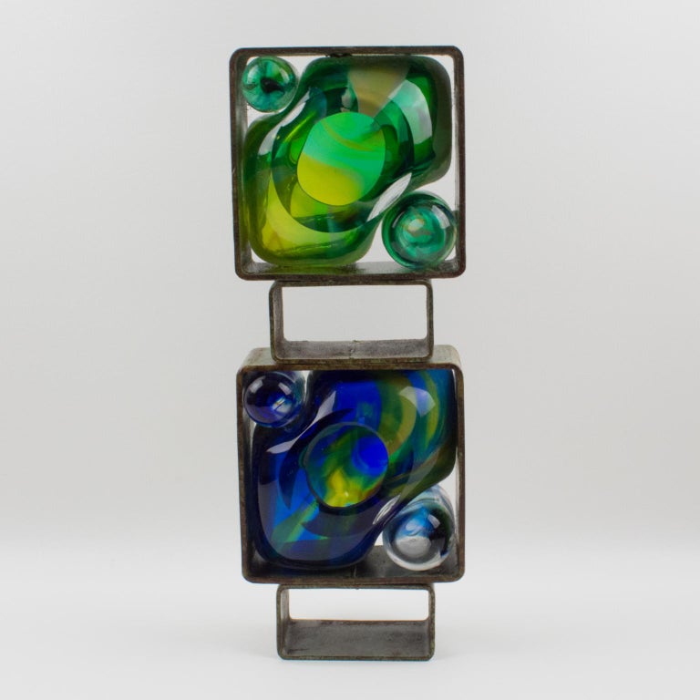 Abstract Brutalist Steel Glass Art Work Table Sculpture For Sale