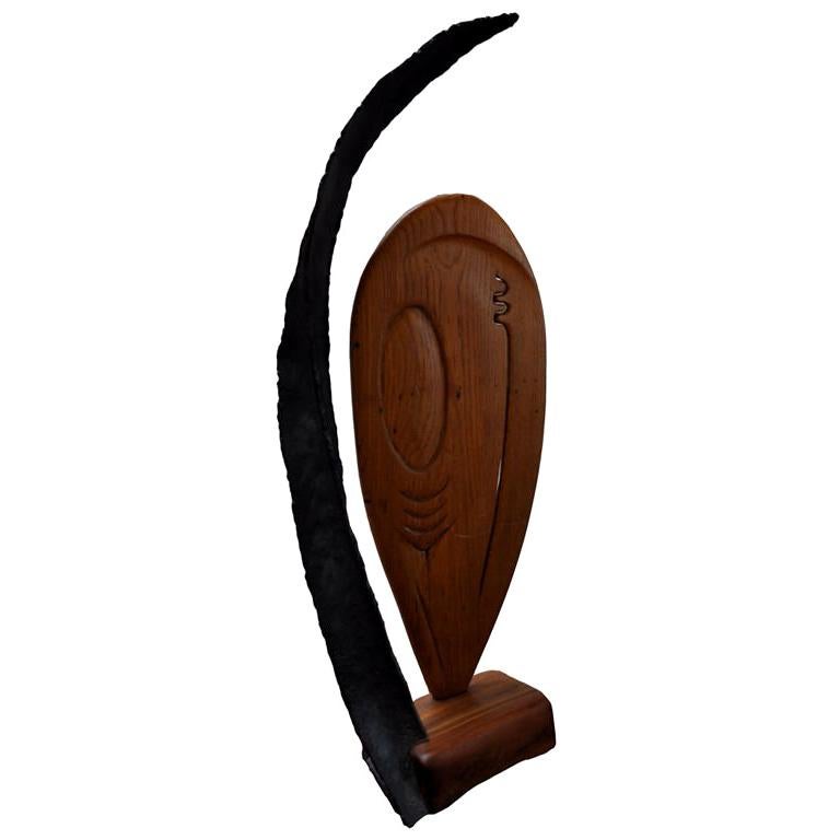 Modern Abstract Carved Oak Sculpture with Shaped Iron For Sale