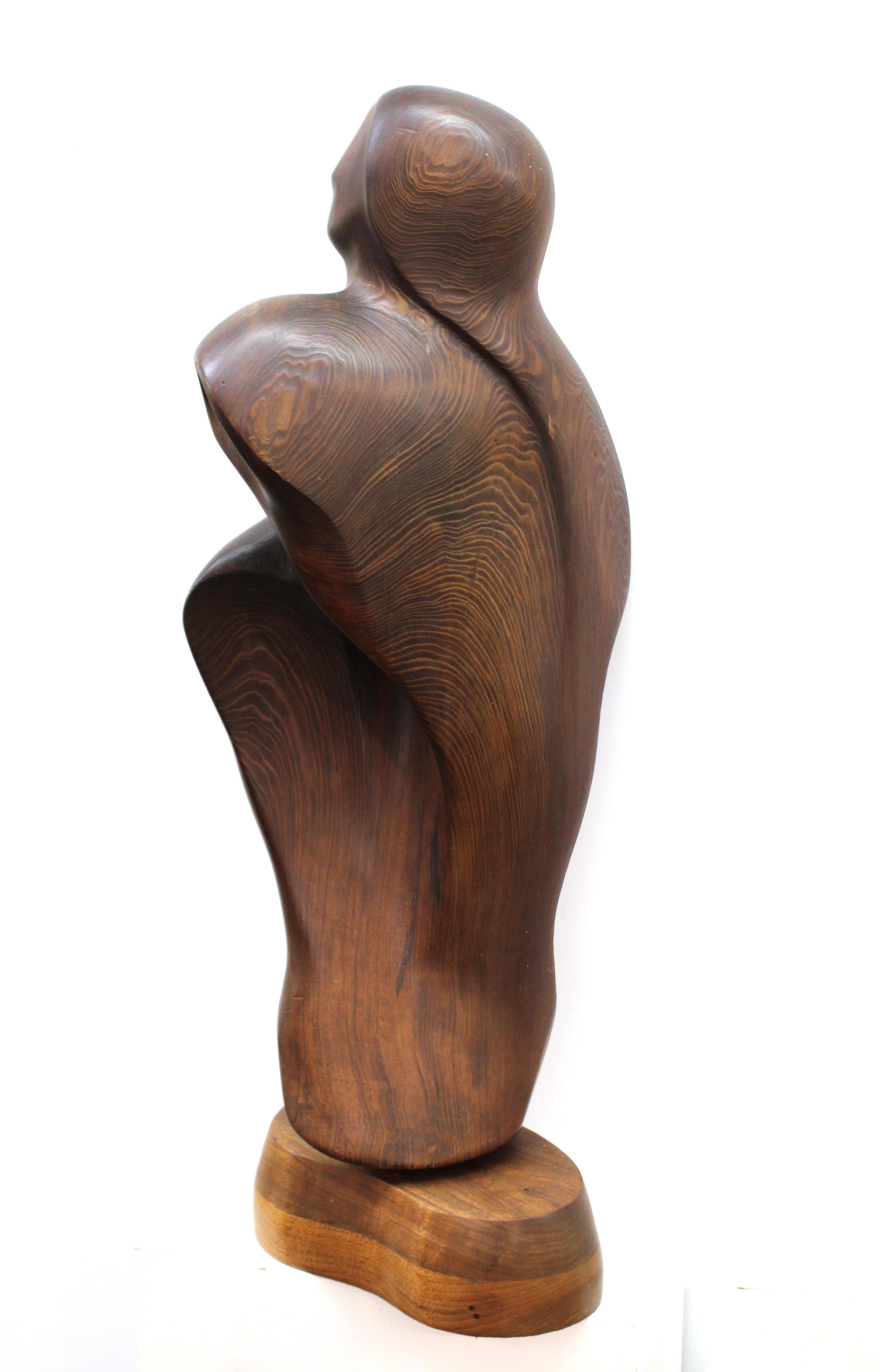 American Modern Abstract Carved Wood Sculpture of a Couple, Signed Haworth