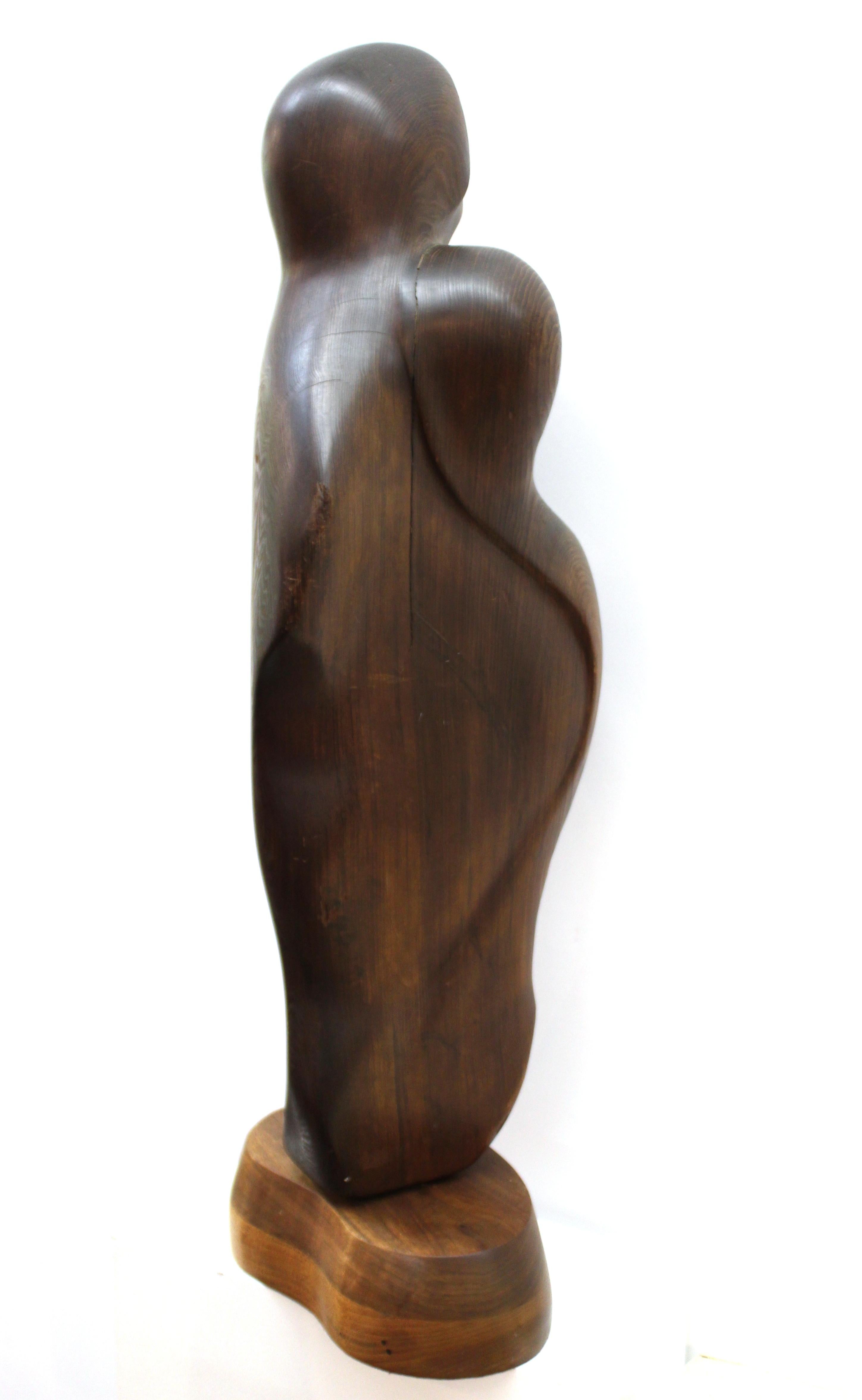 Late 20th Century Modern Abstract Carved Wood Sculpture of a Couple, Signed Haworth