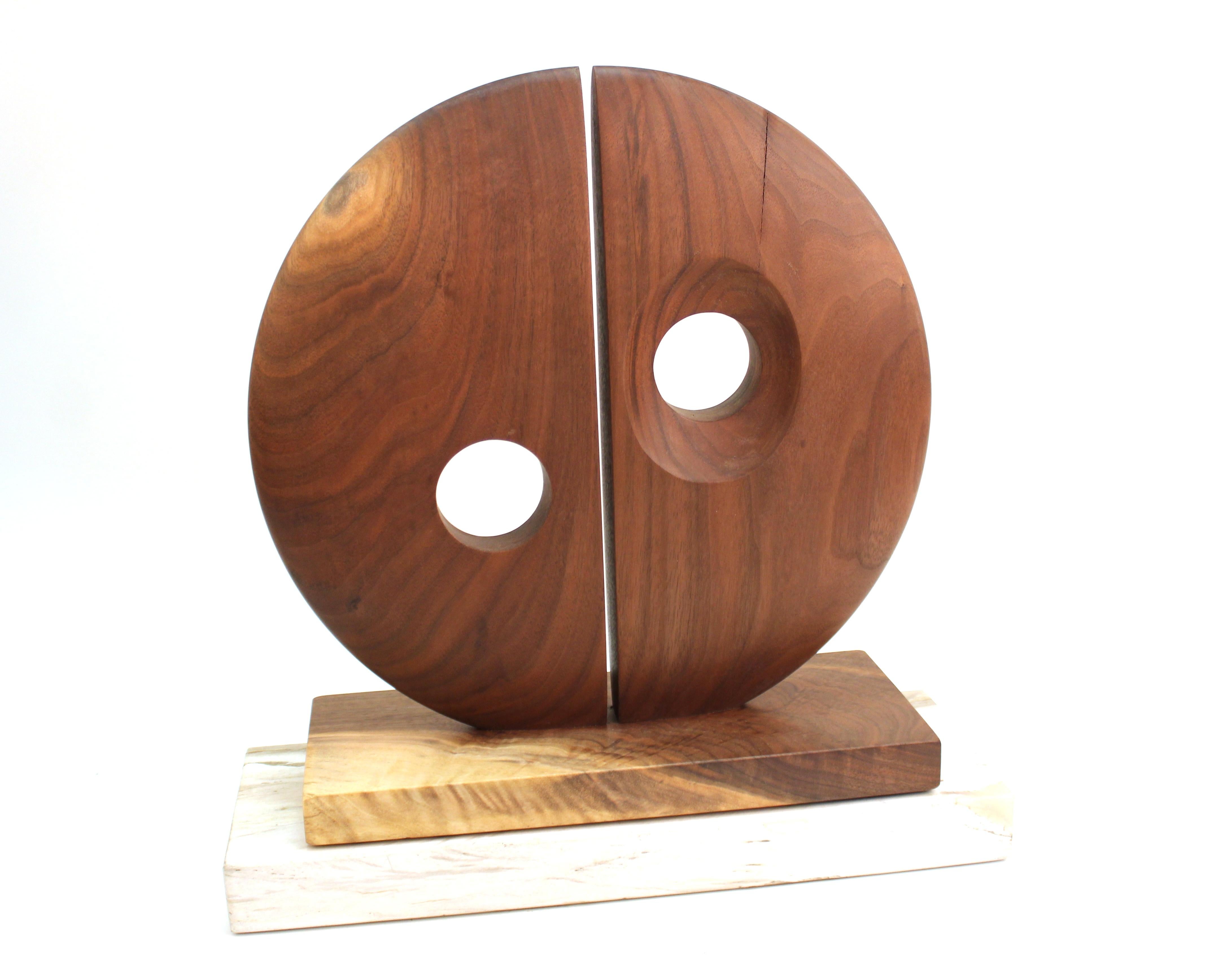 Stone Modern Abstract Carved Wood Tabletop Sculpture with Bisected Disc