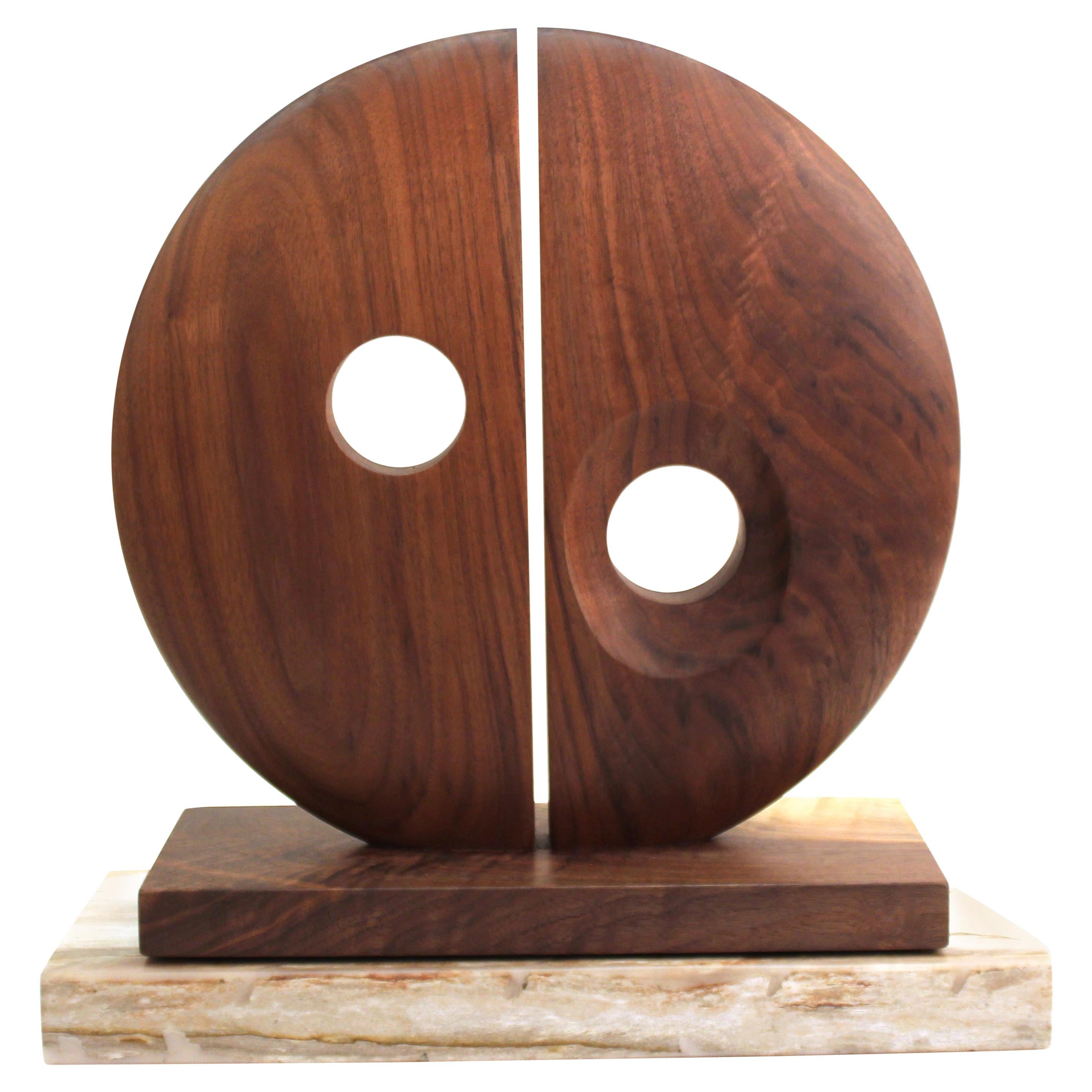 Modern Abstract Carved Wood Tabletop Sculpture with Bisected Disc