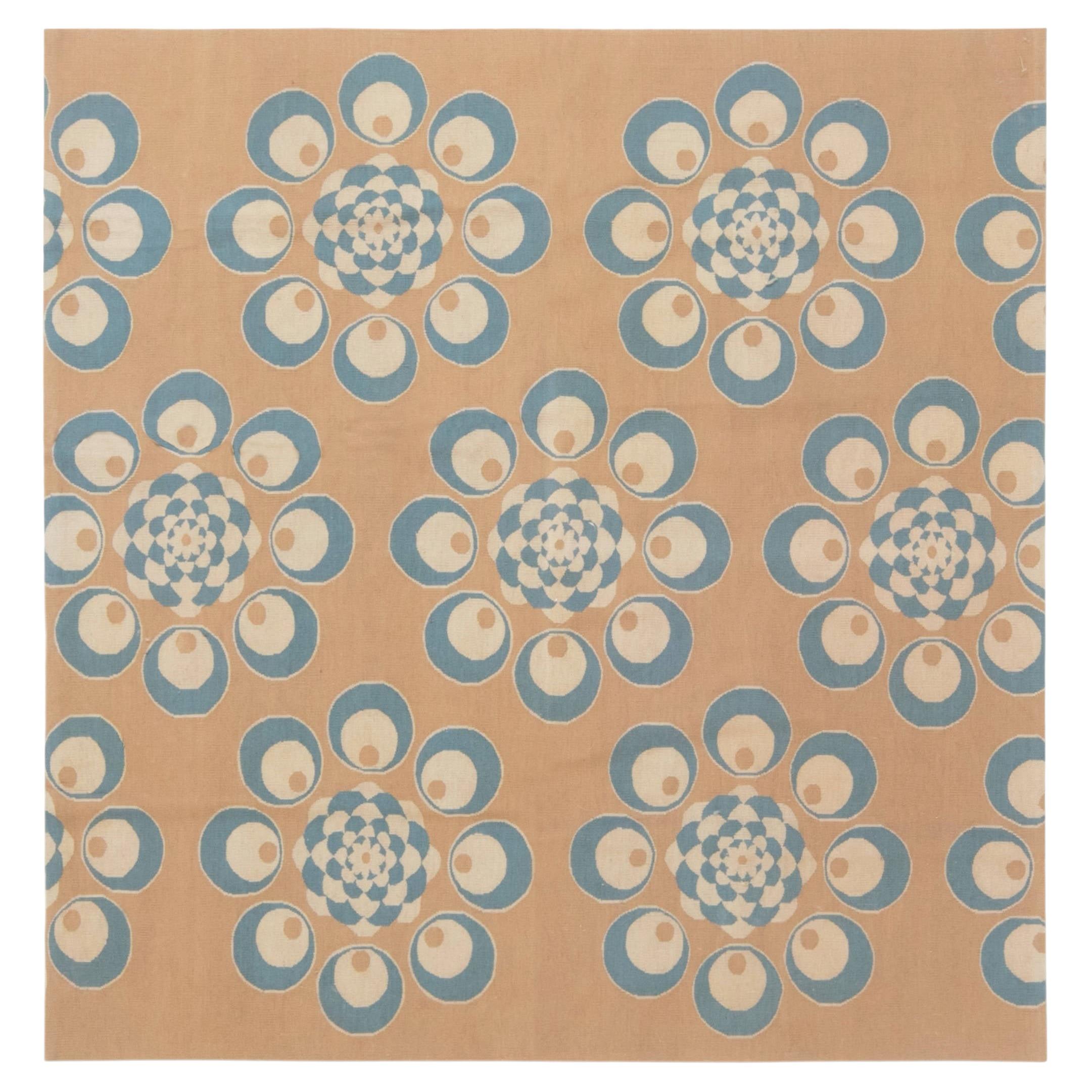 Modern Abstract Circles Tan With Blue Flatweave Silk Carpet "Panoui"