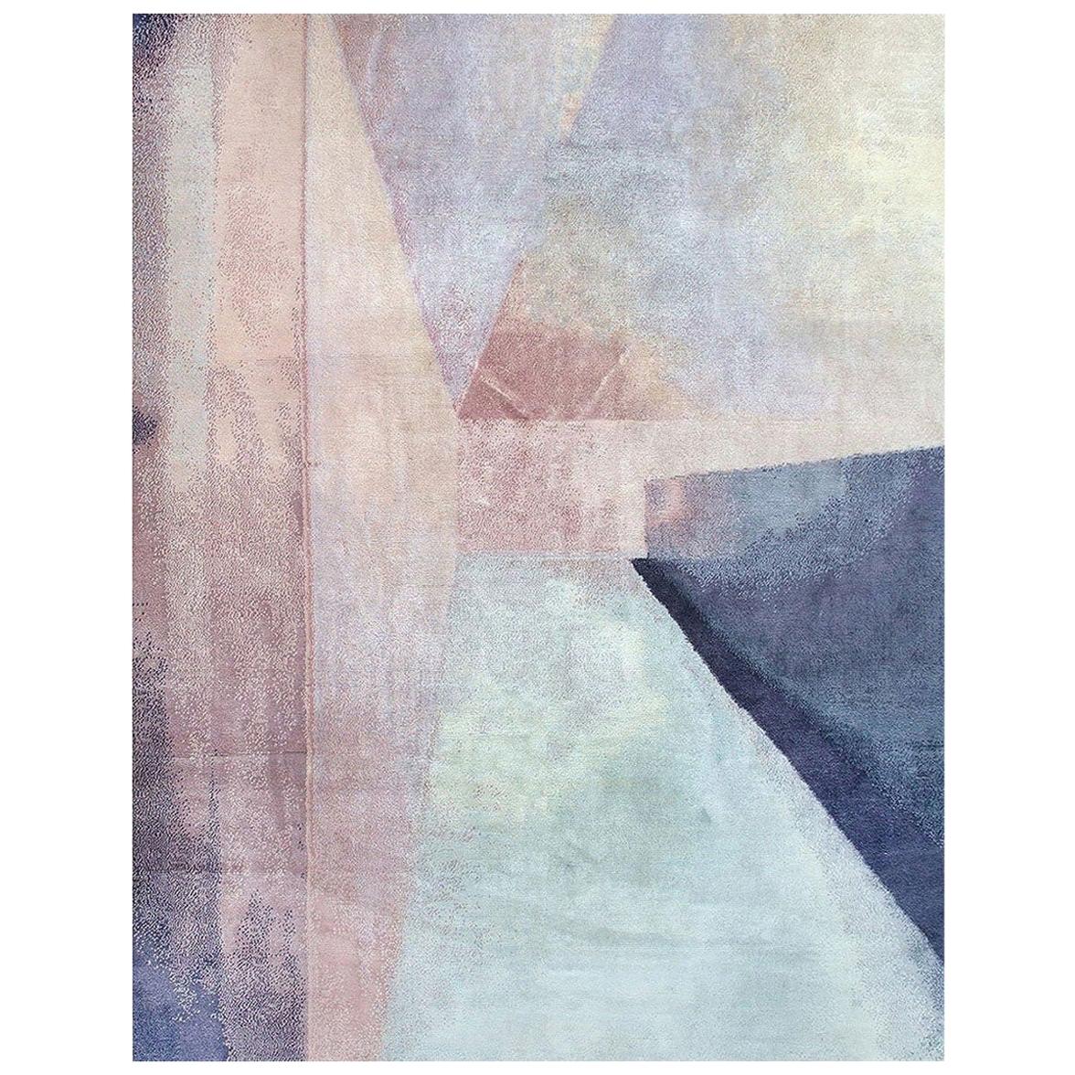 Modern Colorblock Gradient Pink Light Blue Purple Hand Knotted Wool and Silk Rug For Sale