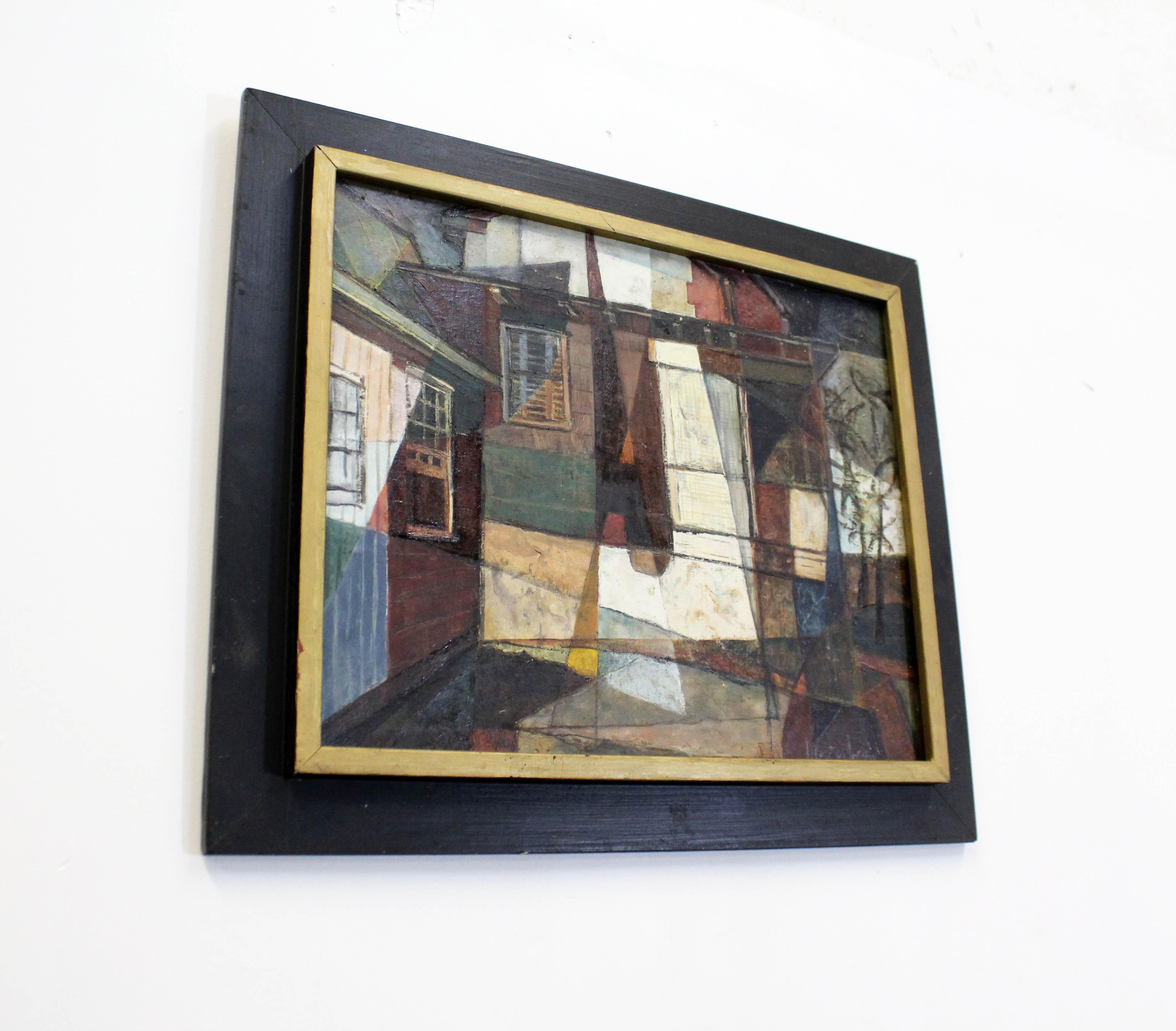 Offered is a vintage abstract oil painting on canvas, entitled 'Country House' by Frieda Weinberg. Features colorful layered oil depicting what looks to be elements of a house through Modern perception. It is in very good condition with slight age