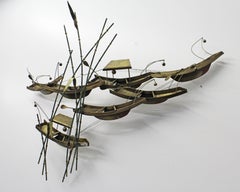 Modern Abstract Curtis Jere Asian Boats and Bamboo Brass Wall Sculpture