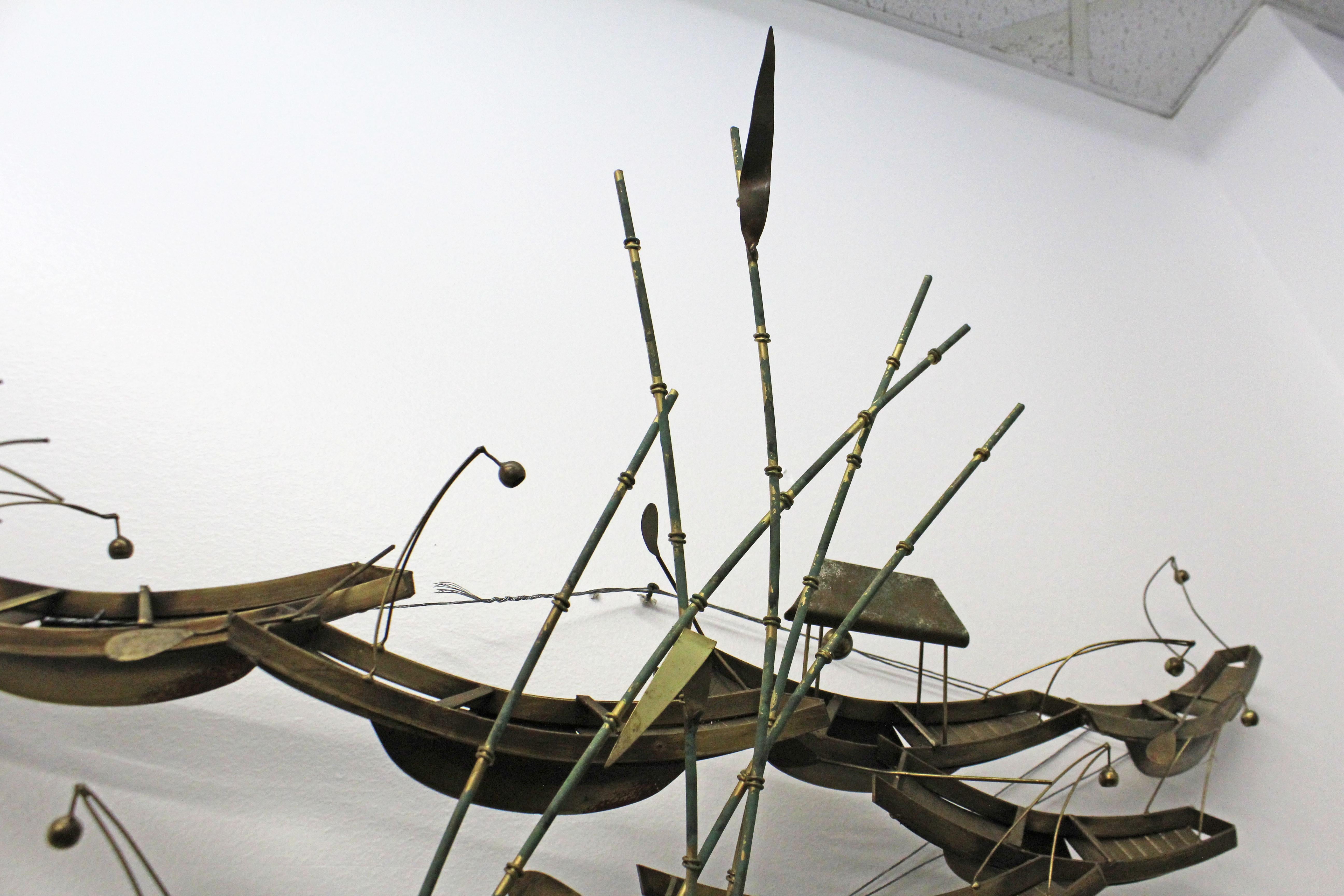 Modern Abstract Curtis Jere Asian Boats and Bamboo Brass Wall Sculpture In Good Condition In Wilmington, DE