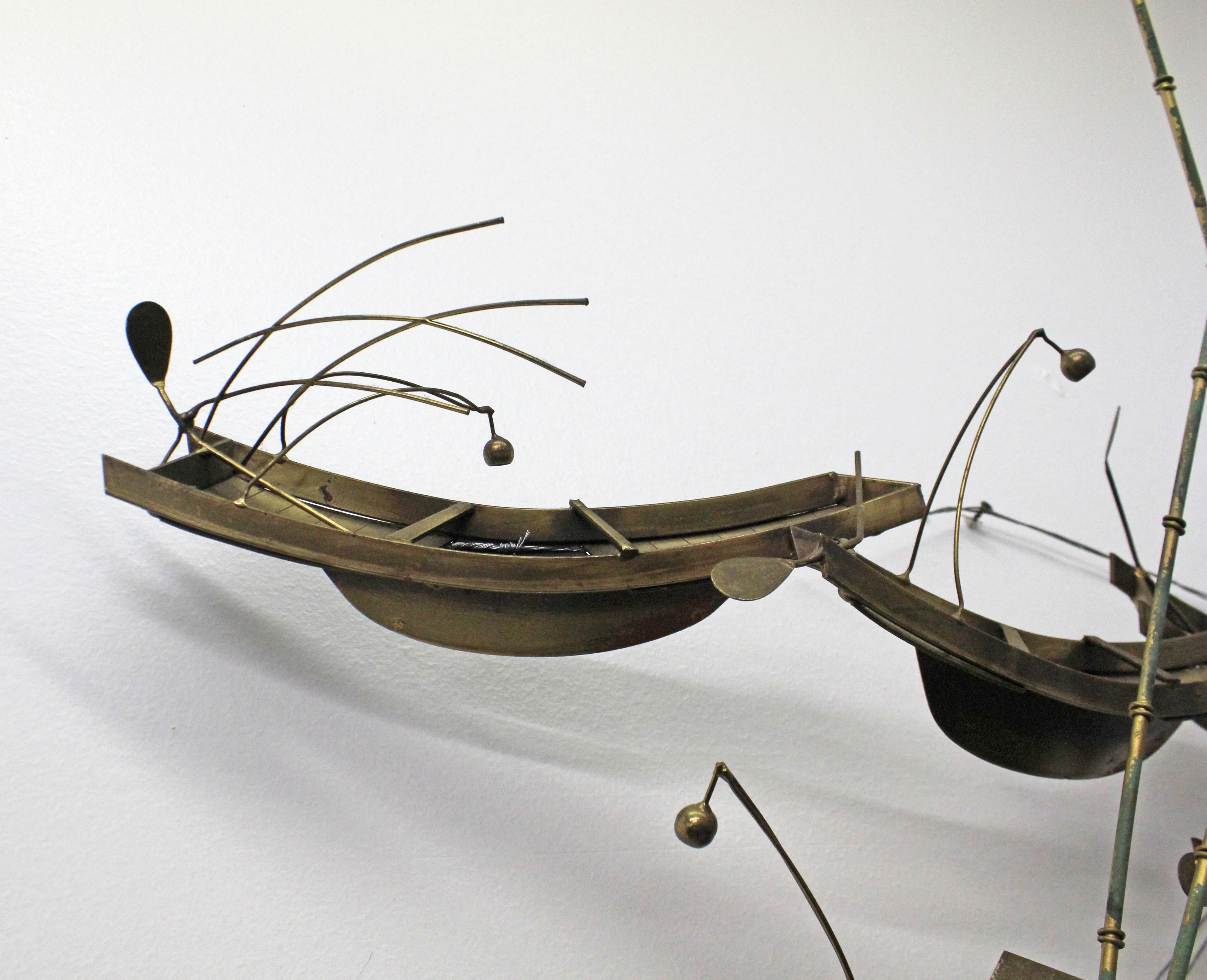 Late 20th Century Modern Abstract Curtis Jere Asian Boats and Bamboo Brass Wall Sculpture