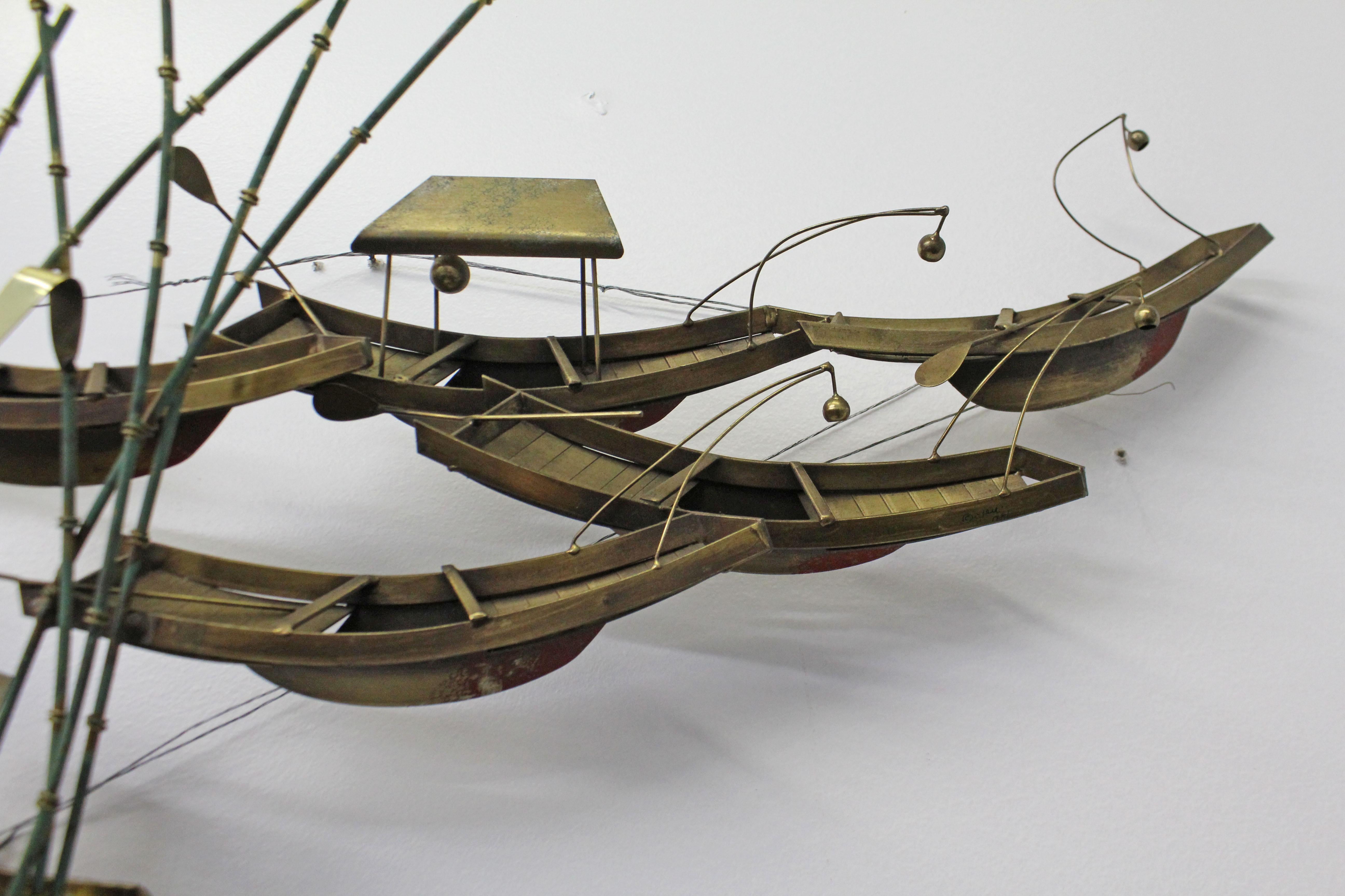 Modern Abstract Curtis Jere Asian Boats and Bamboo Brass Wall Sculpture 1