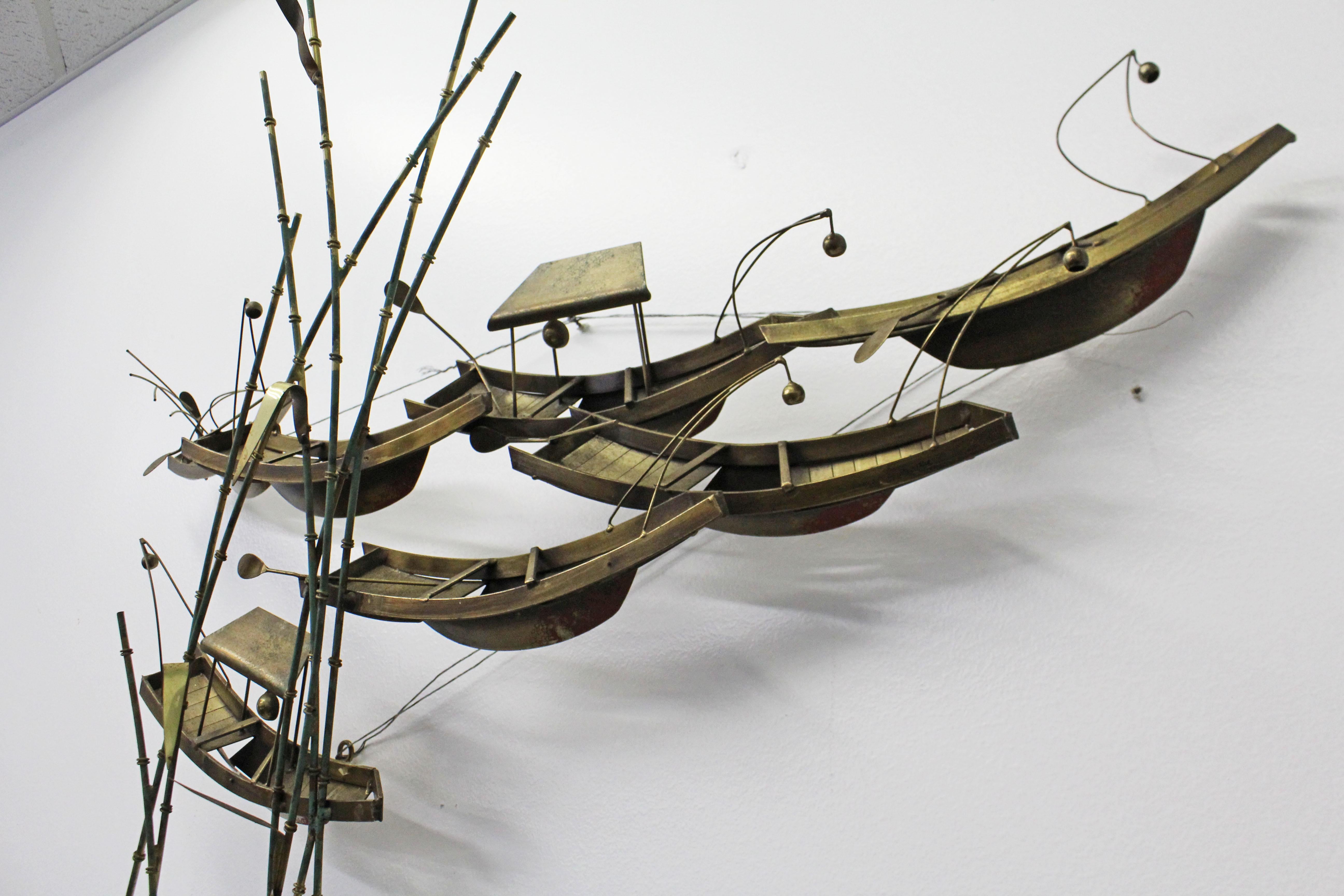 Modern Abstract Curtis Jere Asian Boats and Bamboo Brass Wall Sculpture 4