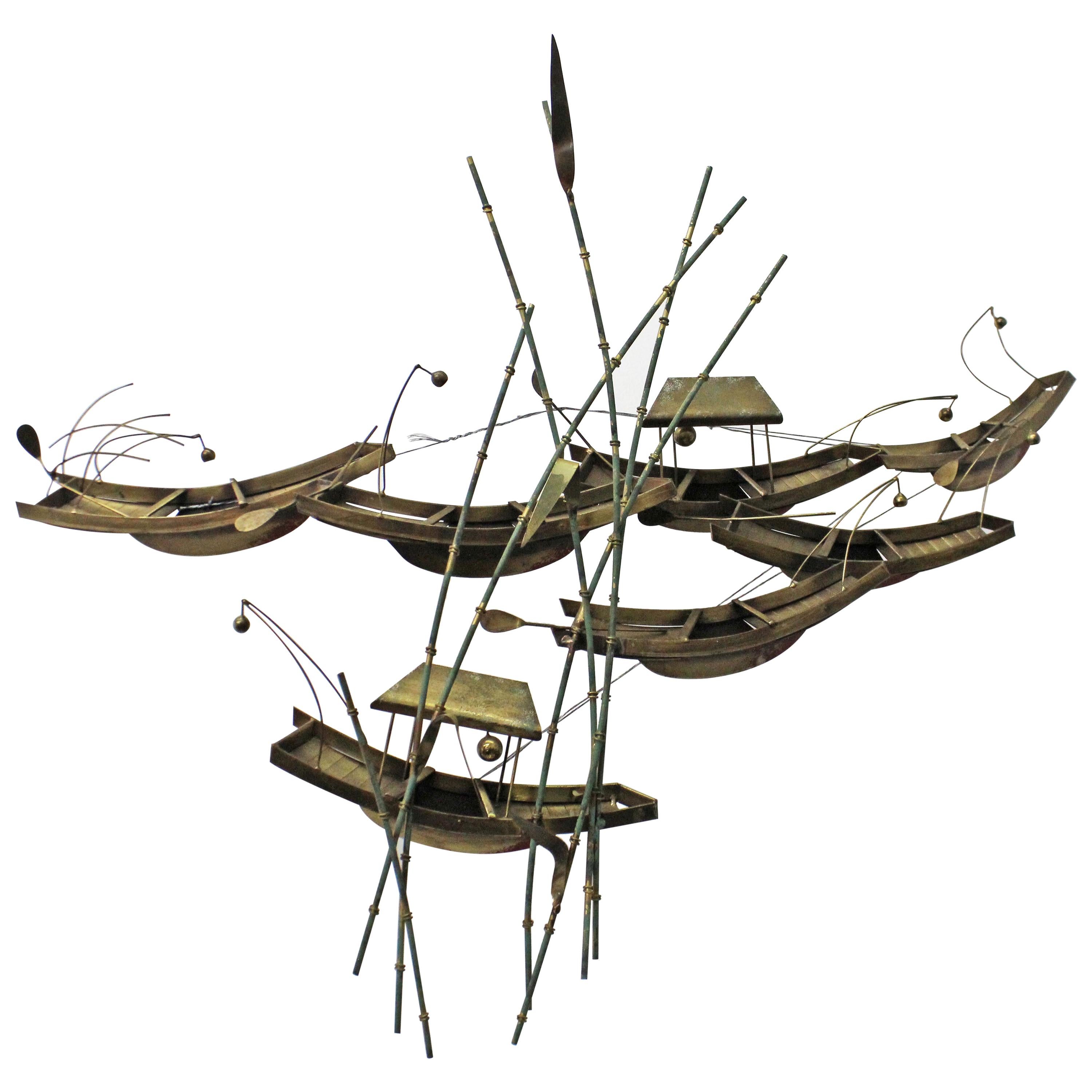 Modern Abstract Curtis Jere Asian Boats and Bamboo Brass Wall Sculpture