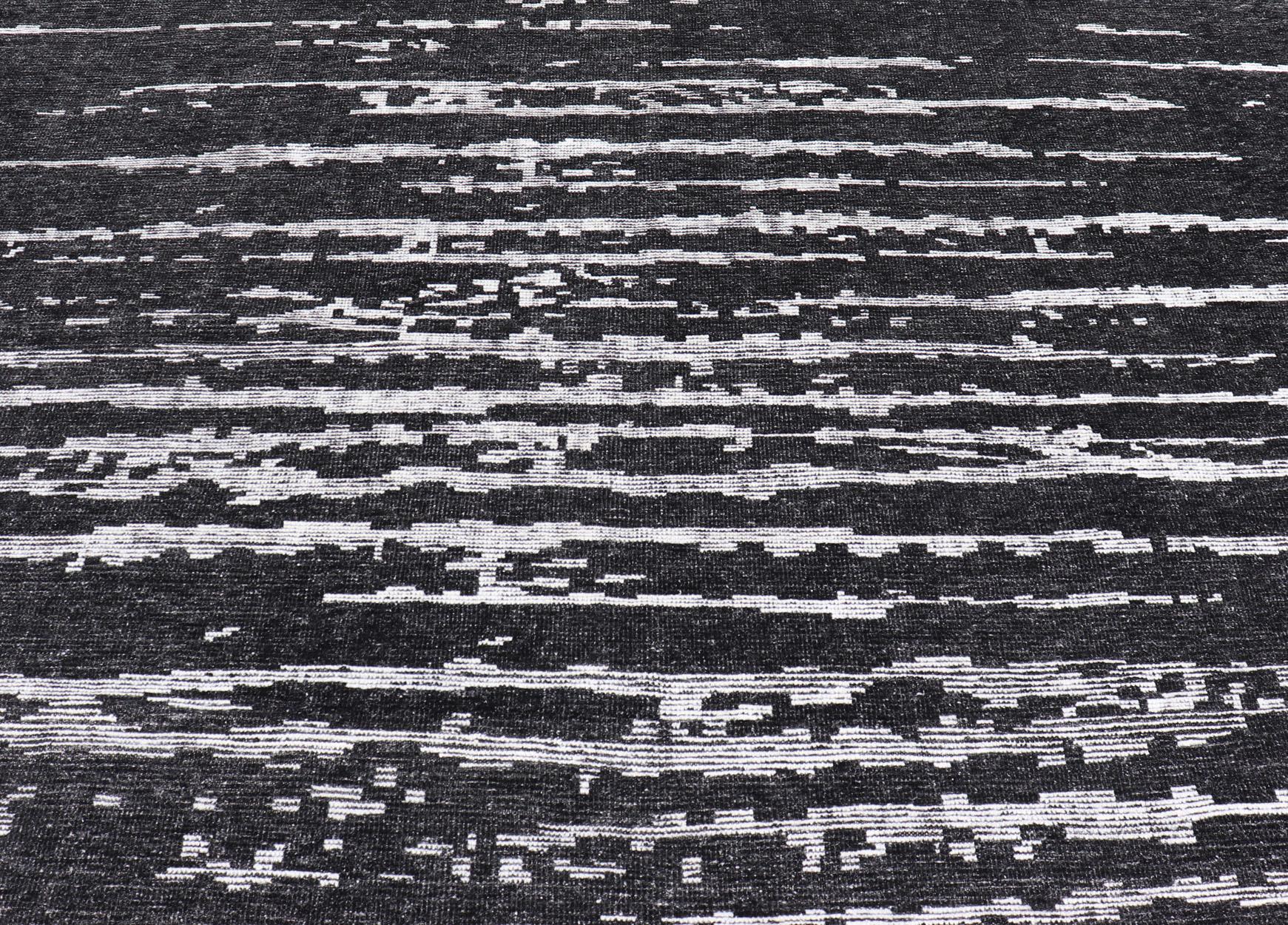 Indian Black and White Hand Knotted Modern Rug in Abstract Design For Sale