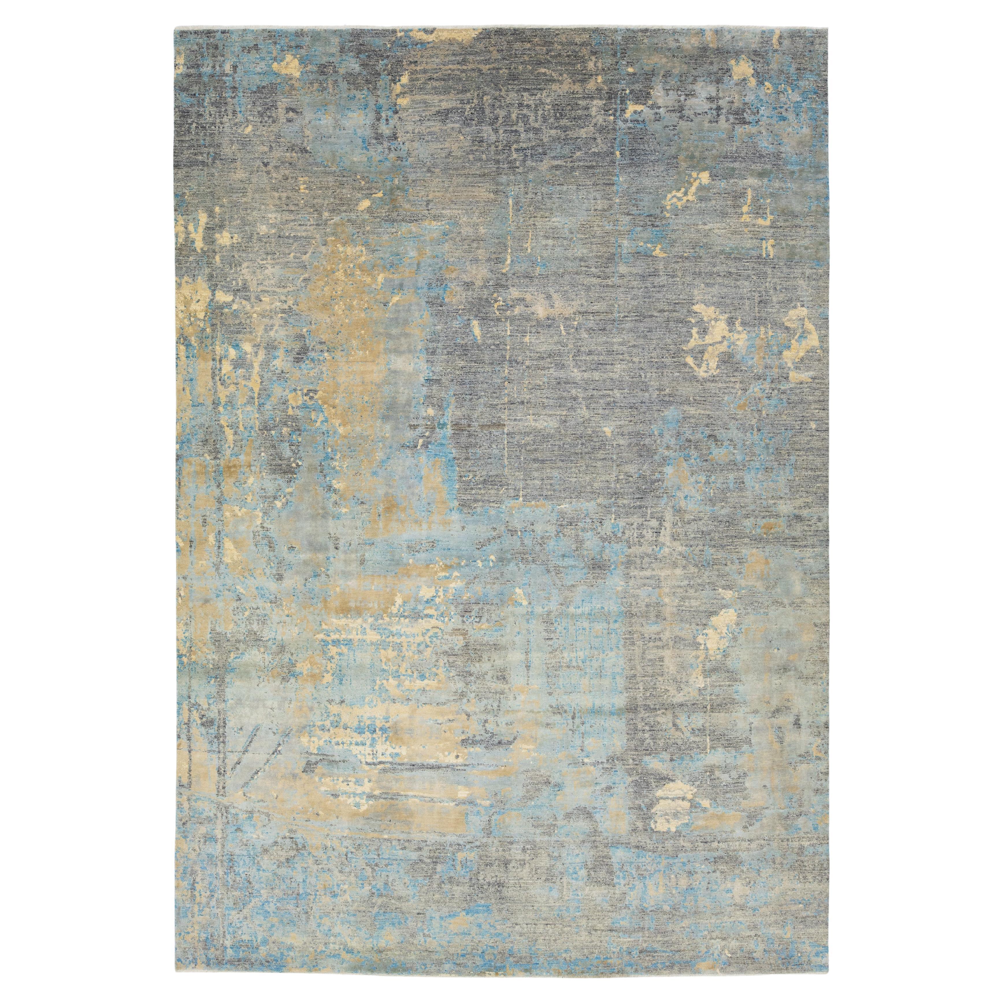Modern Abstract Designed Tibetan Wool & Silk Rug In Gray