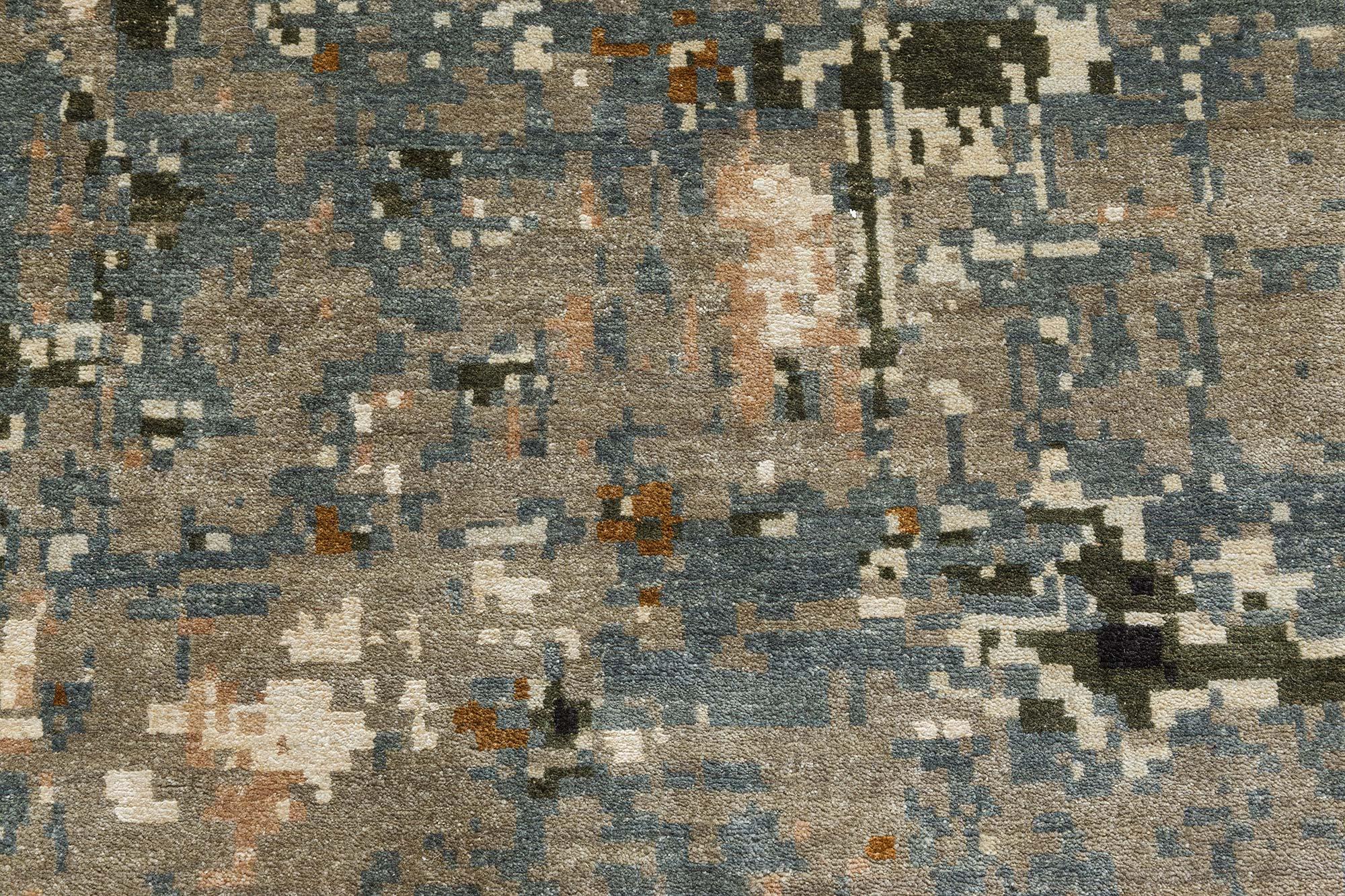 Noué à la main Tapis moderne abstrait « ère numérique » en laine et soie fait à la main par Doris Leslie Blau en vente