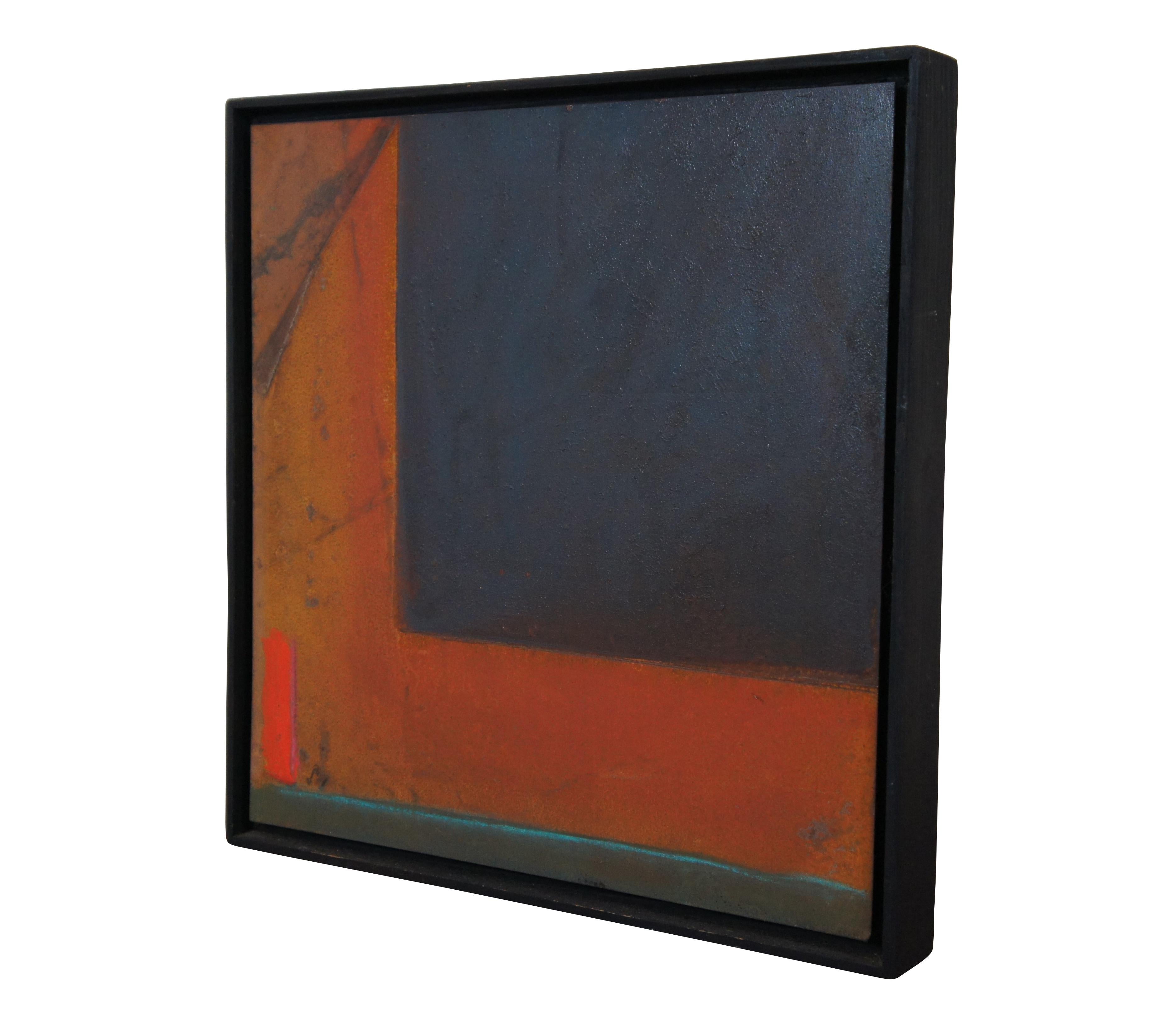 Modern abstract expressionist / cubist painting on metal featuring geometric blocks of orange and blue, set in a black shadowbox frame.

Measures: 16” x 1.75” x 16.25” / Sans Frame - 15” x 15.25” (Width x Depth x Height)