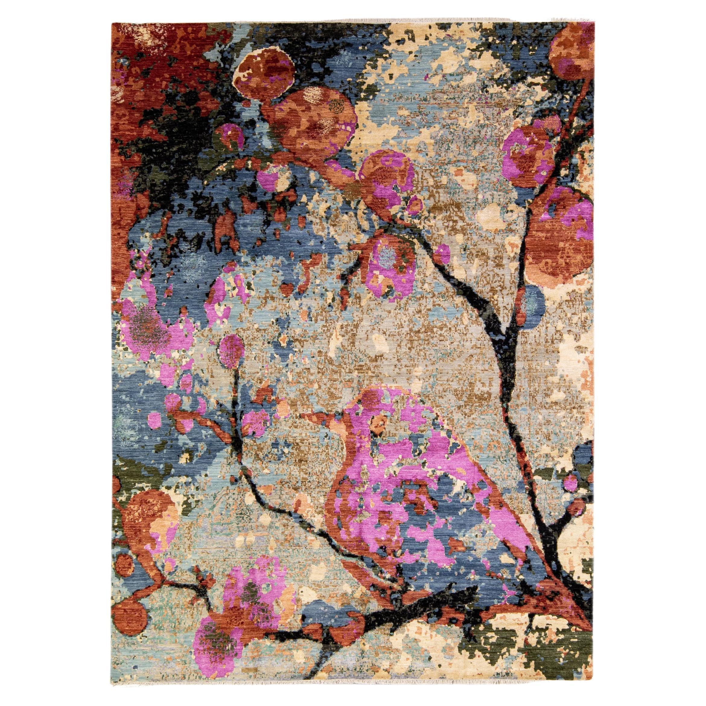 Modern Abstract Expressionist Indian Handmade Multicolor Wool and Silk Rug