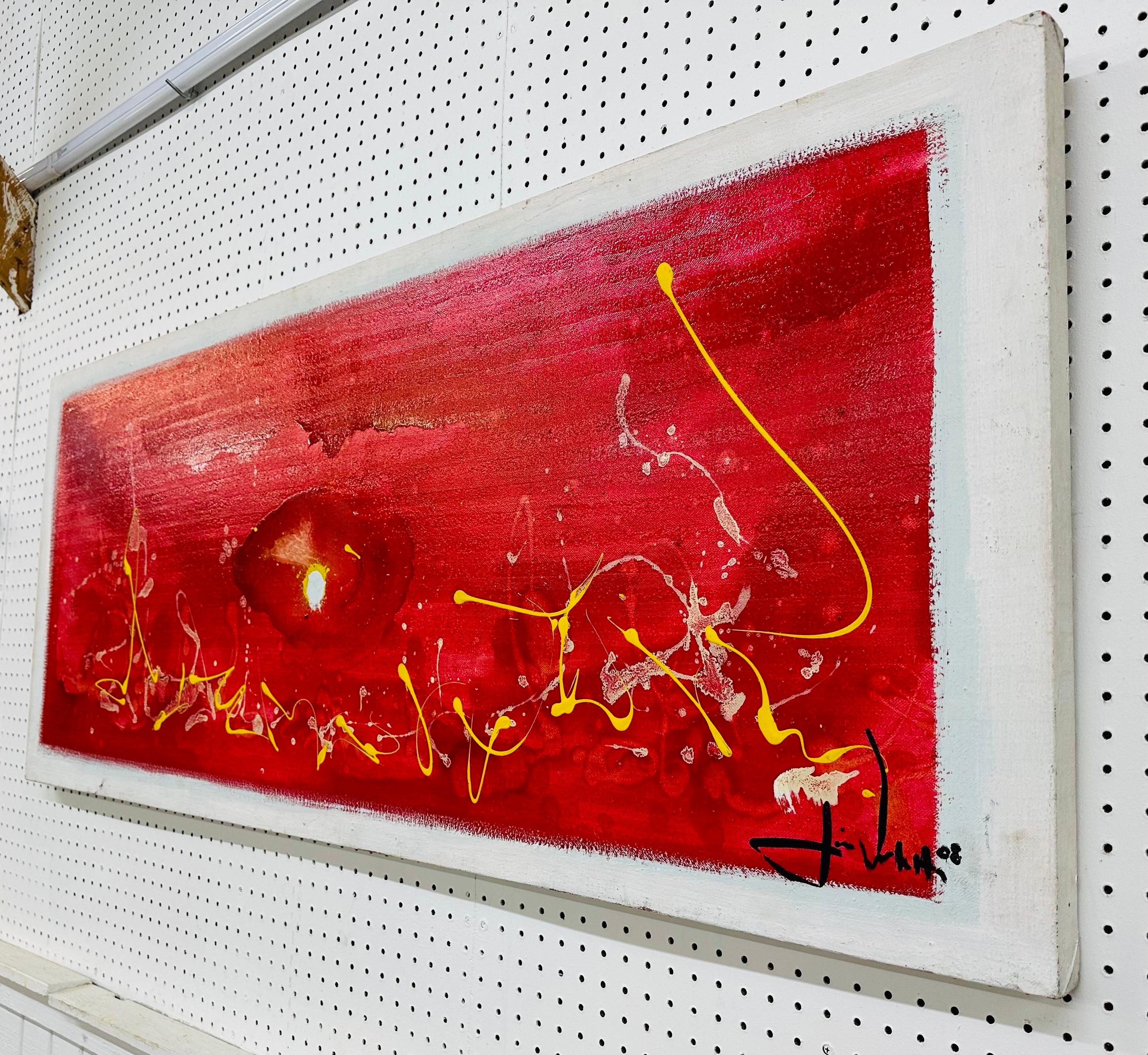 This listing is for a Modern Abstract Expressionist Painting. Featuring a rectangular canvas, a mixture of red, white, and yellow colors, and signed on the bottom right.
