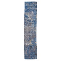 Modern Abstract Expressionist Runner Rug in Cobalt Blue, Slate Gray & Gold 3x12