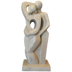 Vintage Modern Abstract Geometric Embracing Loving Couple Sculpture in Gray Plaster