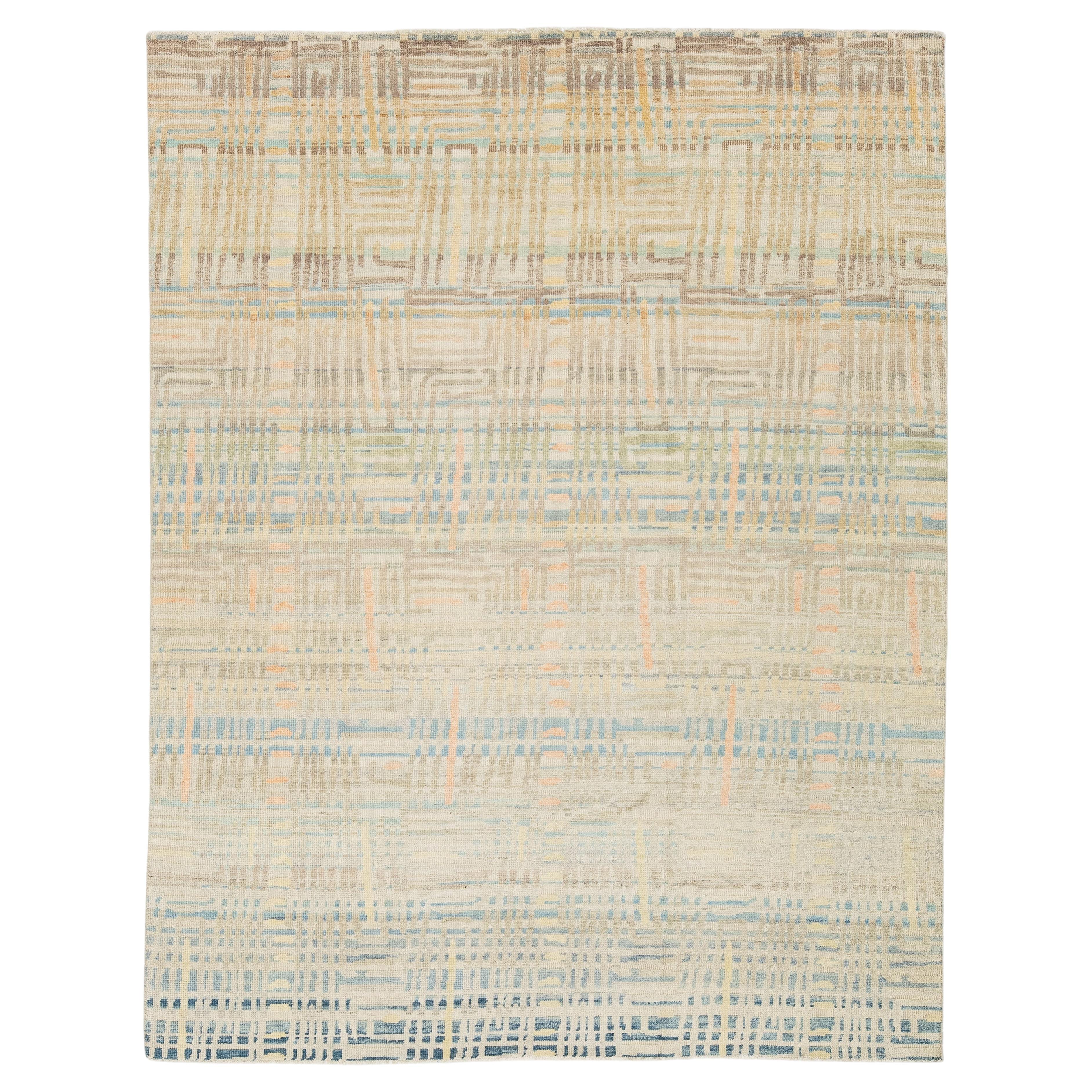 Modern Abstract Geometric Hand-Knot Wool Area Rug in Pastel Pastel Neutral Tones For Sale