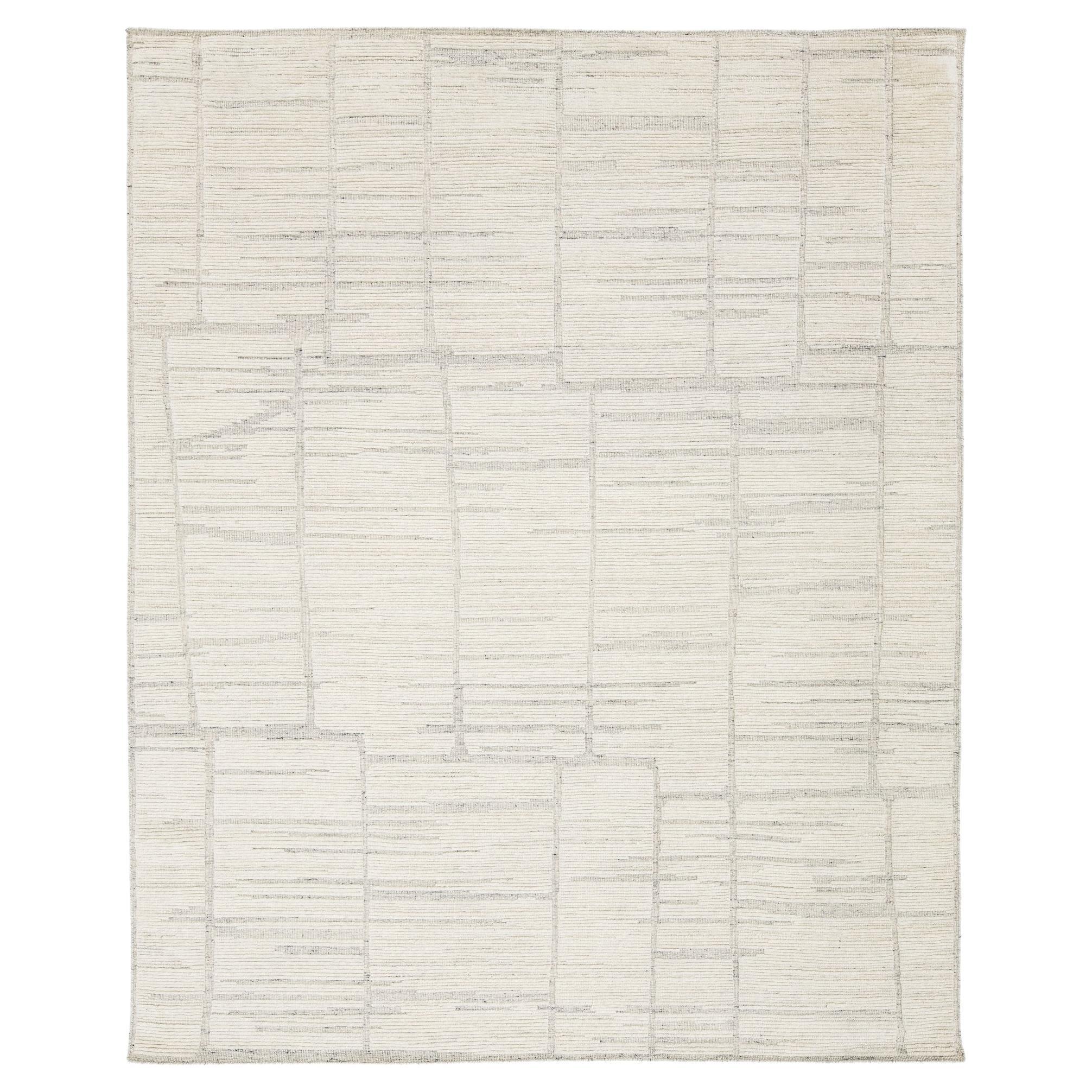 Modern Abstract Geometric Ivory Wool Rug – Hand-Knotted Moroccan Style