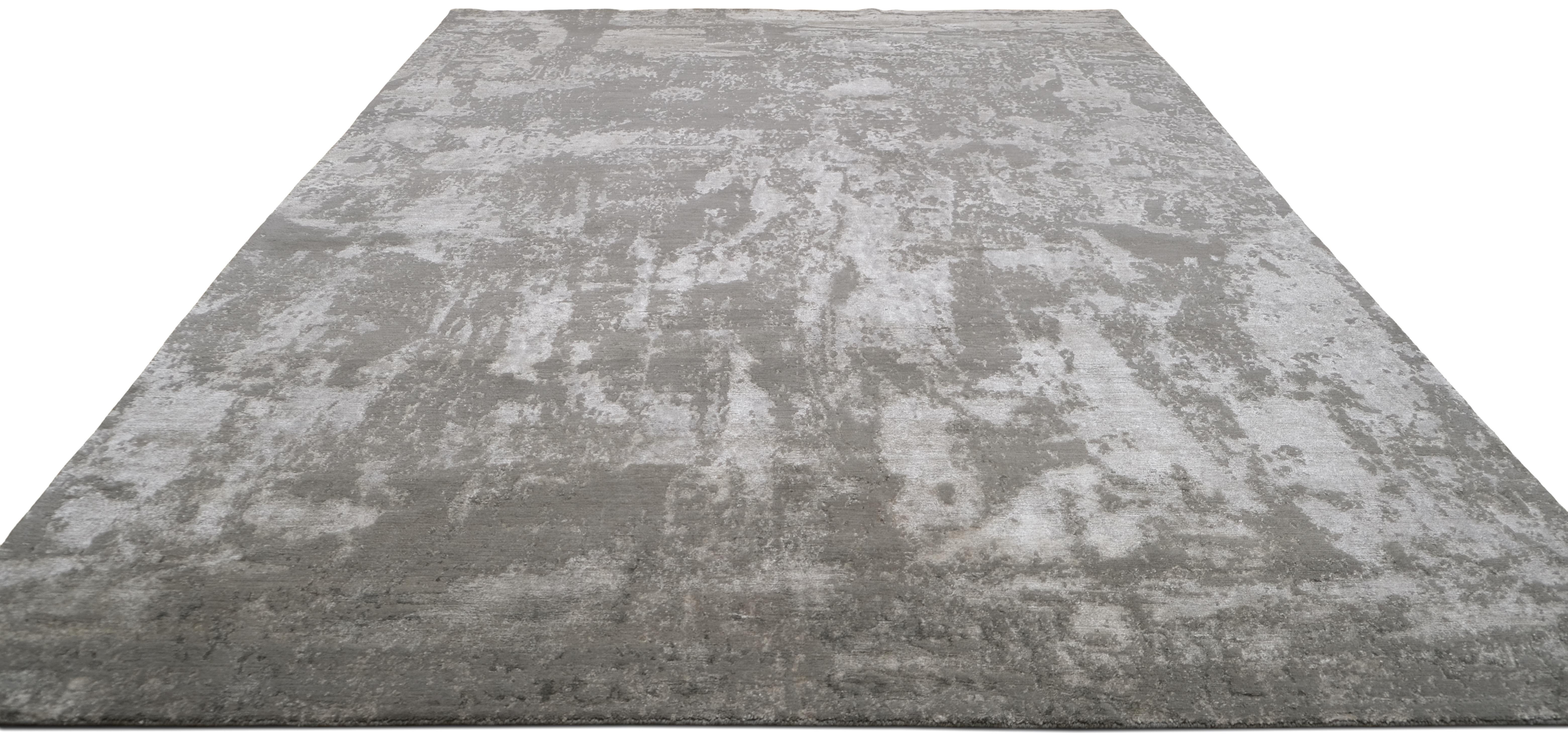 Moderner abstrakter grauer handgeknüpfter Teppich aus Wollmischung 8'9''x12'4'' (Asiatisch) im Angebot