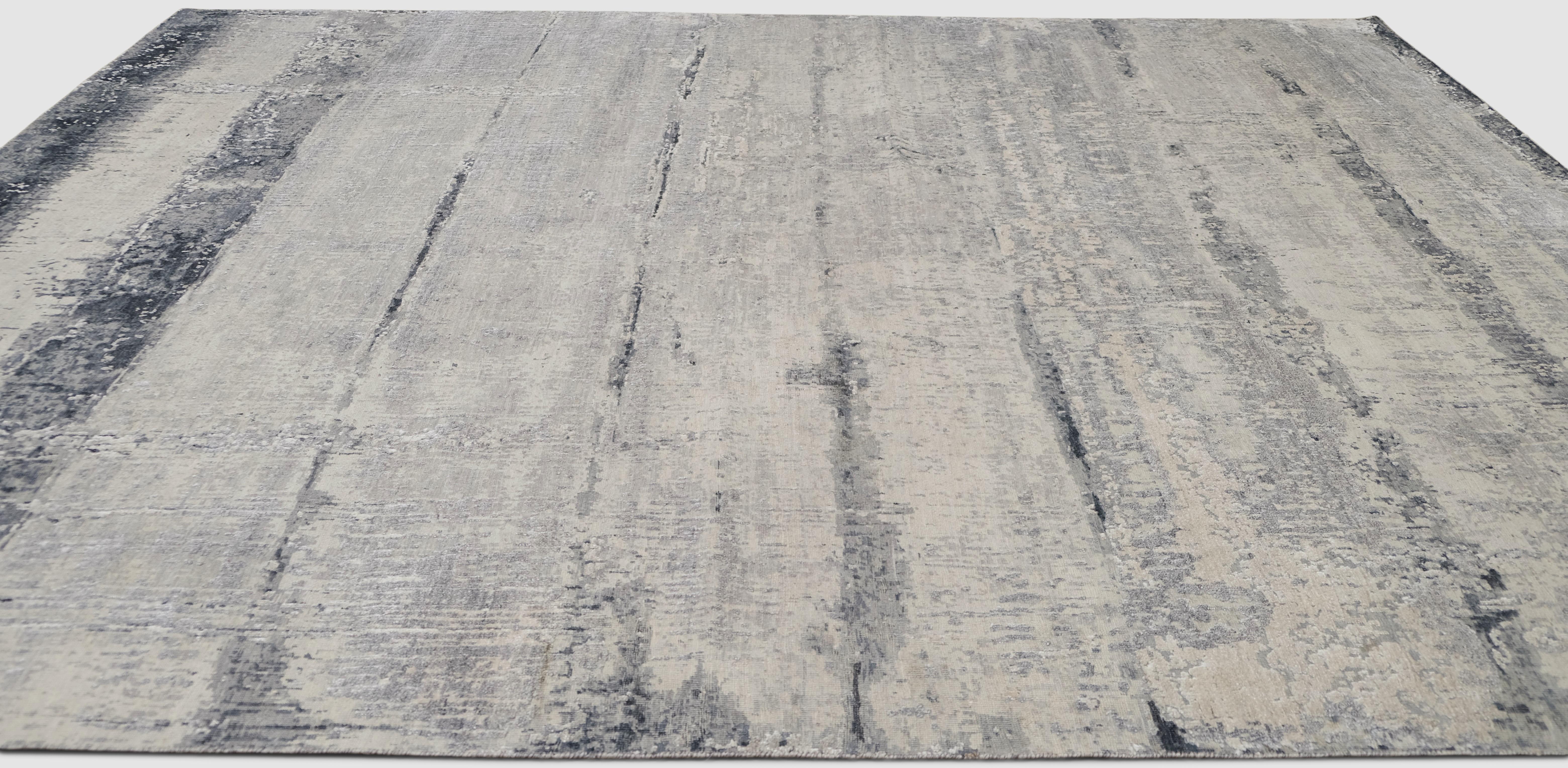 Asiatico Tappeto moderno astratto in lana e seta grigio e avorio 8'11''x12' in vendita