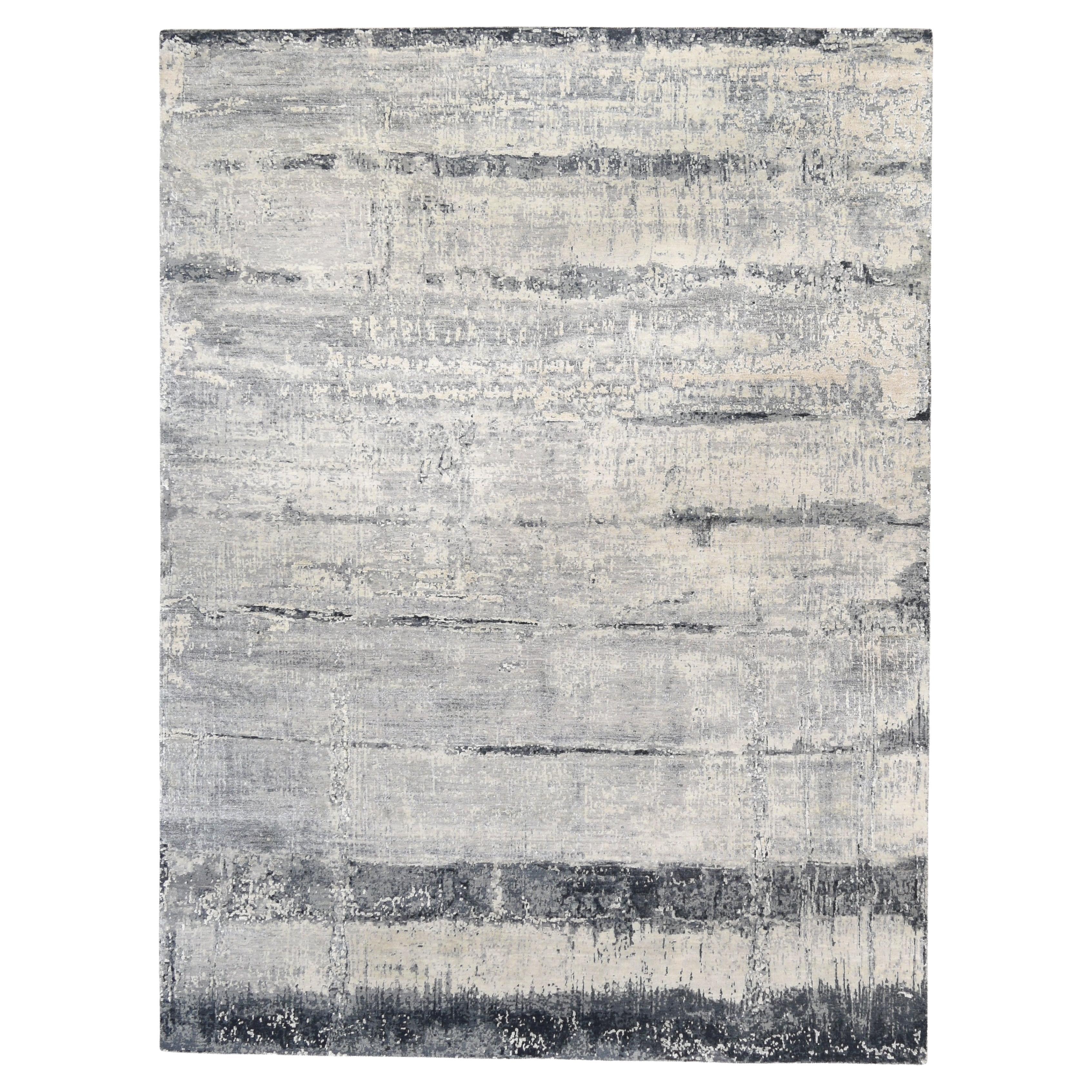 Modern Abstract Grey and Ivory Wool and Silk Rug 8'11''x12'
