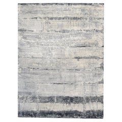 Modern Abstract Grey and Ivory Wool and Silk Rug 8'11''x12'