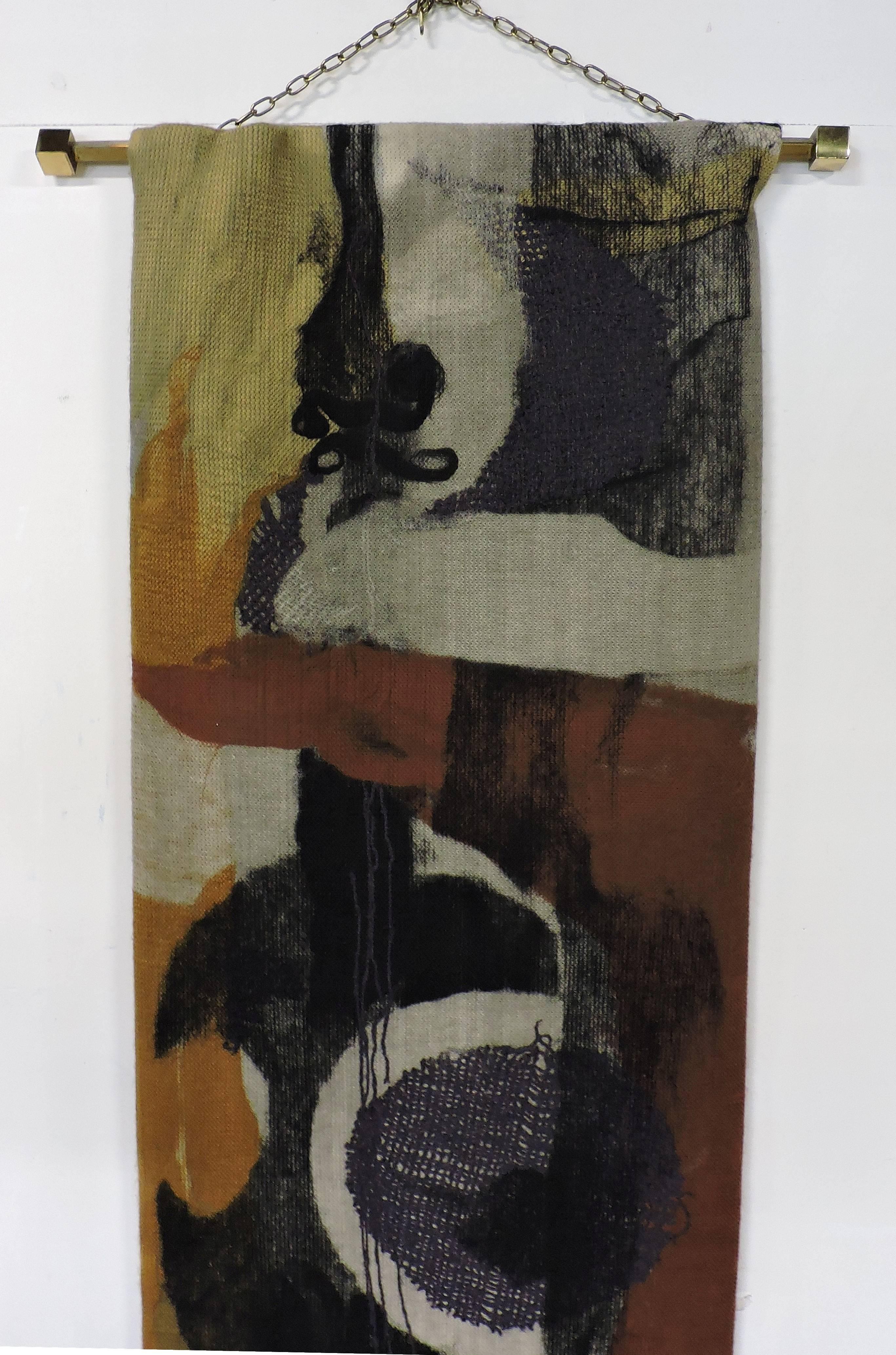 Wonderful modern handwoven abstract textile art by Czech artist Zoia Kasprikova. This tapestry is composed of muted tones of orange, brown and grey. Label on verso from Art Protis, and signed by artist. There is a brass rod and chain for hanging.