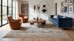 Modern Abstract Indian Bidjar Wool Area Rug – Neutral Earth Tones & Blue Accents