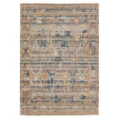 Modern Abstract Indian Bidjar Wool Area Rug – Neutral Earth Tones & Blue Accents