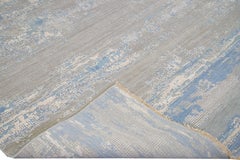 Modern Abstract Indian Handmade Blue and Gray Wool and Silk Rug